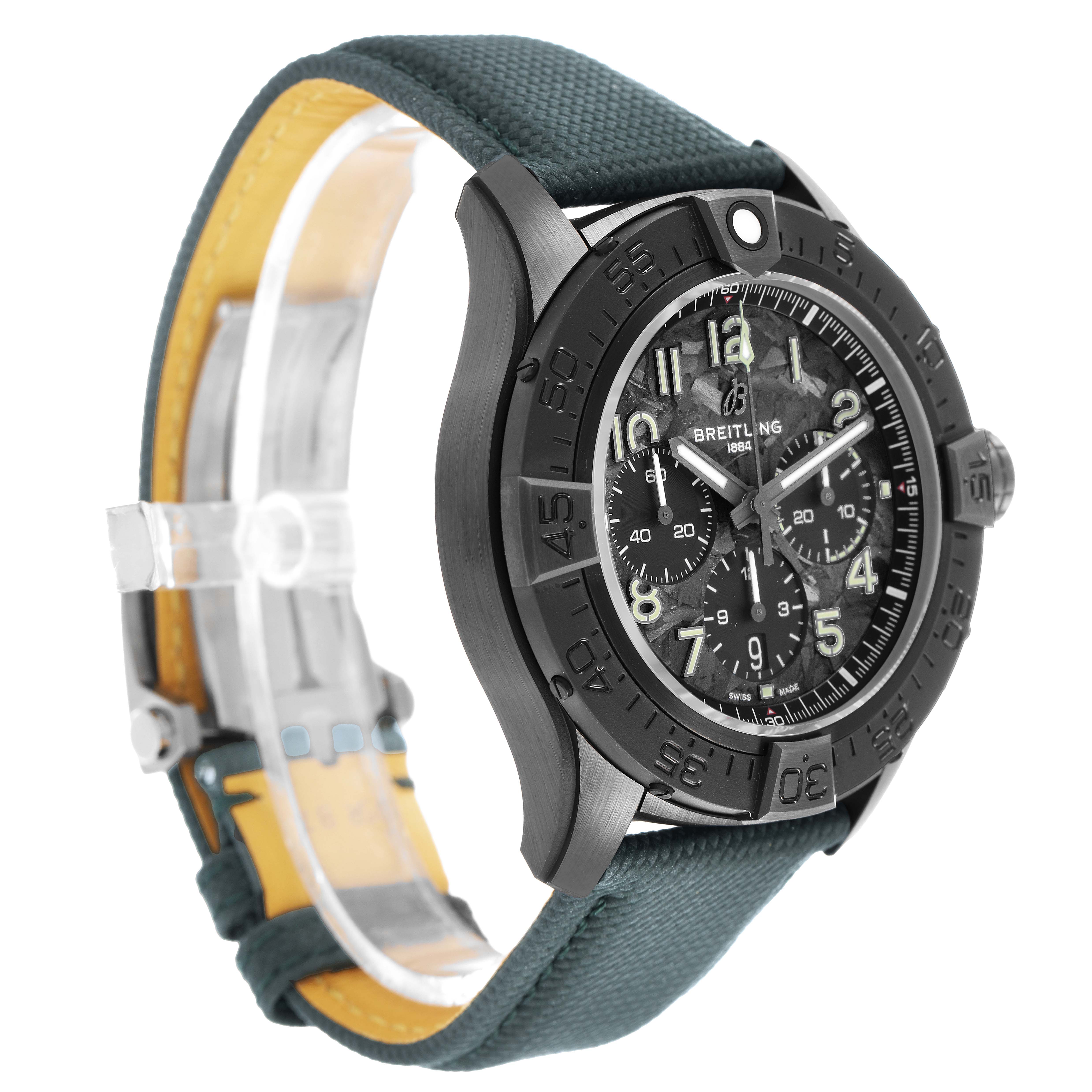 The Breitling Avenger SB0148101B1X1 Men's Ceramic Black Dial watch is shown from a front-side angle, highlighting the dial, bezel, and strap.