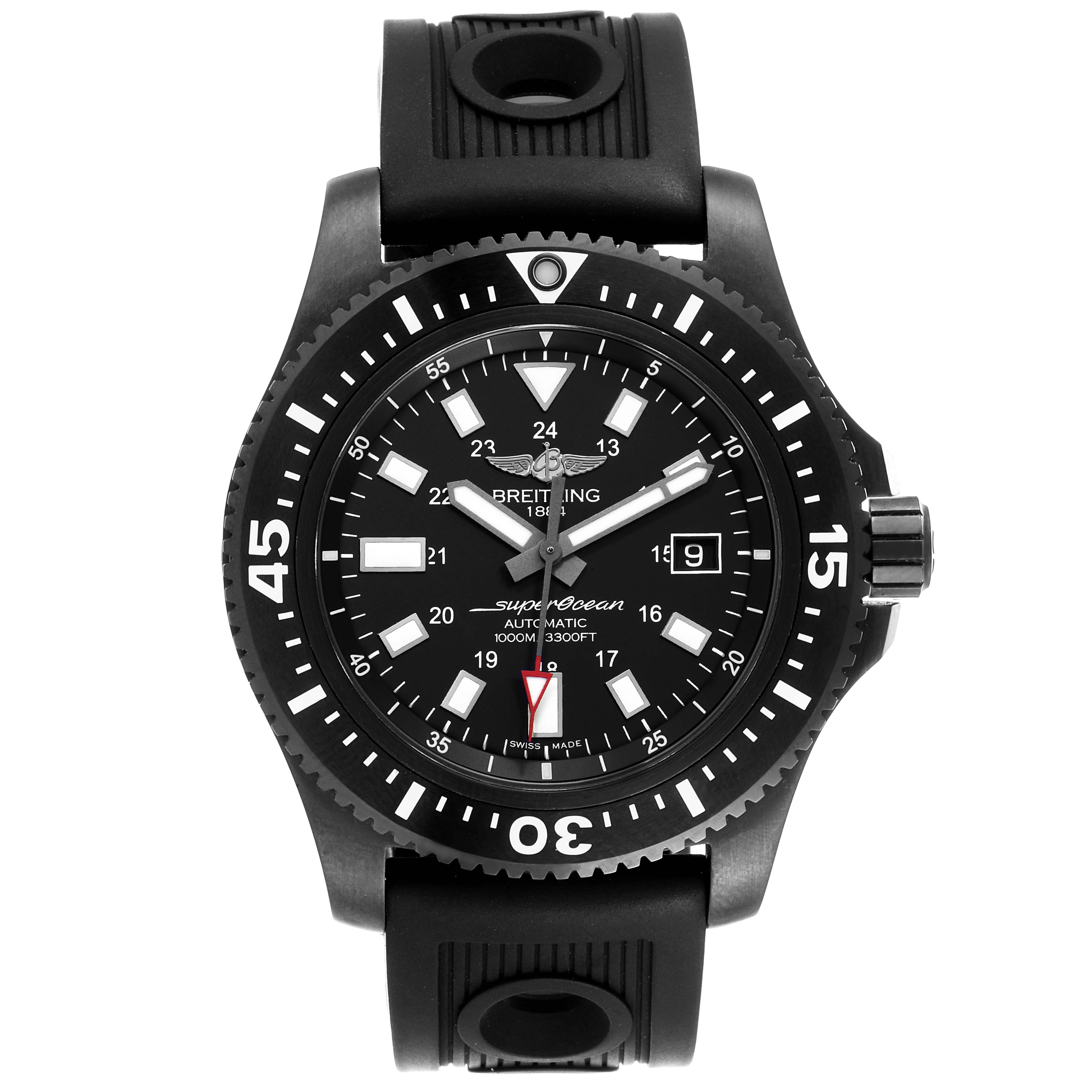 The image shows a front view of a Breitling Superocean M17393 Men
s Stainless Steel Black Dial M17393 Men
s Stainless Steel Black Dial watch featuring a black dial, date display, and a black rubber strap.