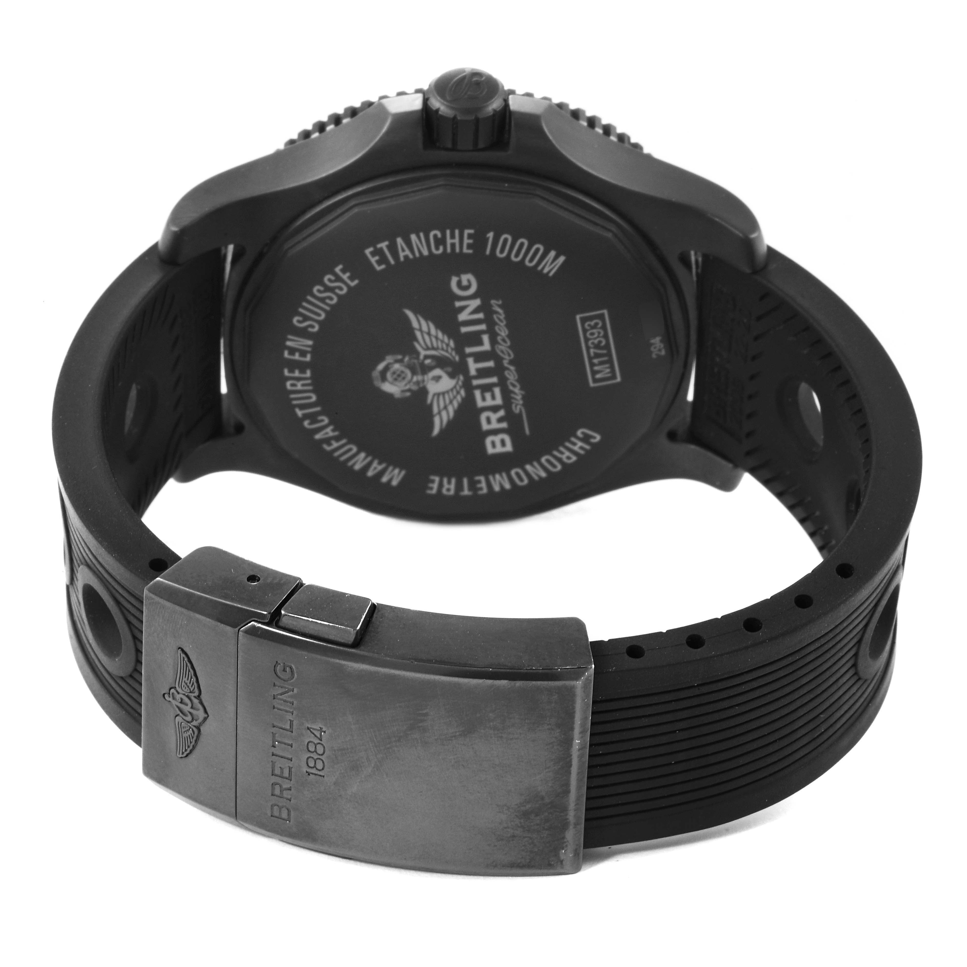 The image shows the back and clasp of a Breitling Superocean M17393 Men
s Stainless Steel Black Dial M17393 Men
s Stainless Steel Black Dial watch from a rear angle.