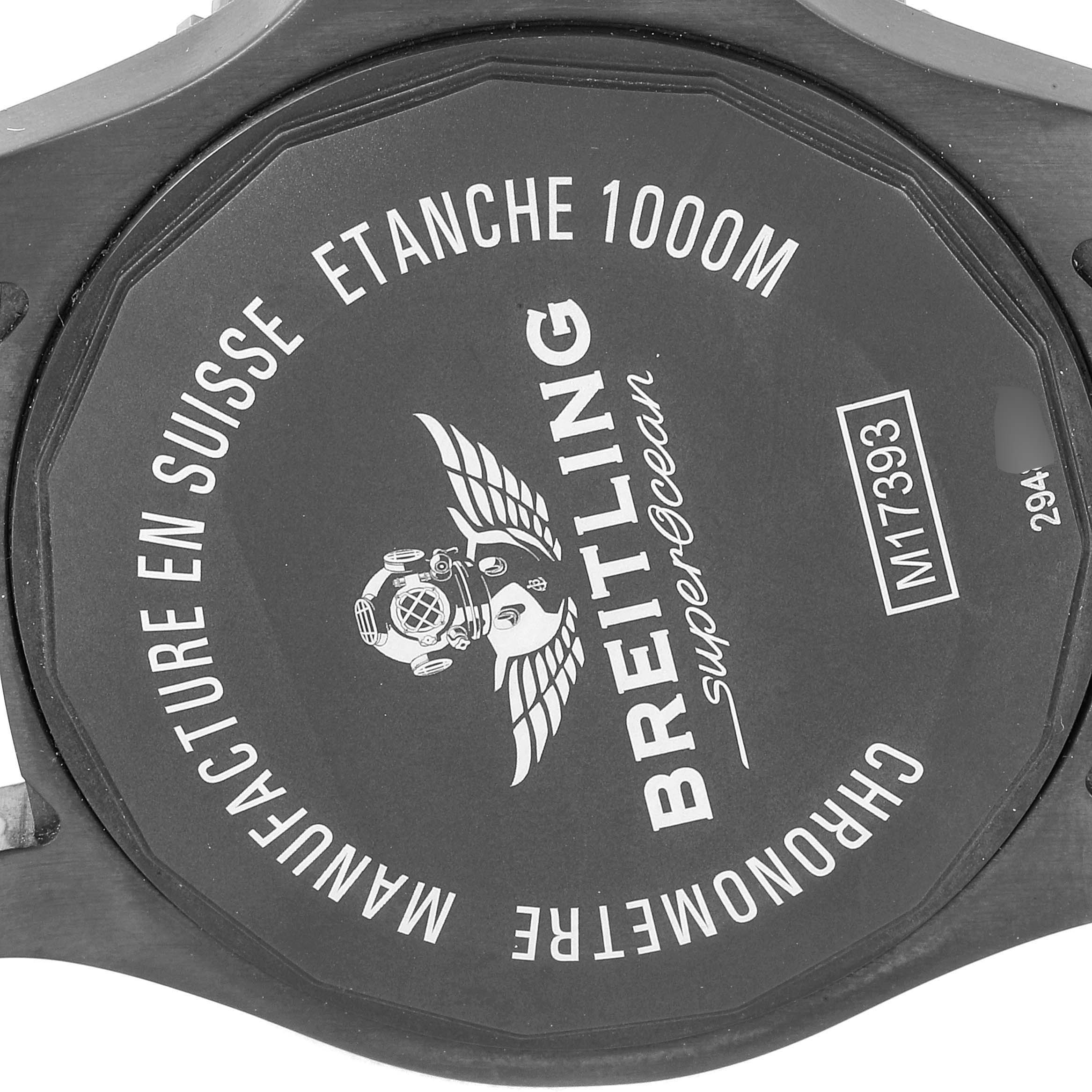 This image shows the back case of a Breitling Superocean M17393 Men
s Stainless Steel Black Dial M17393 Men
s Stainless Steel Black Dial watch, displaying model details and water resistance.