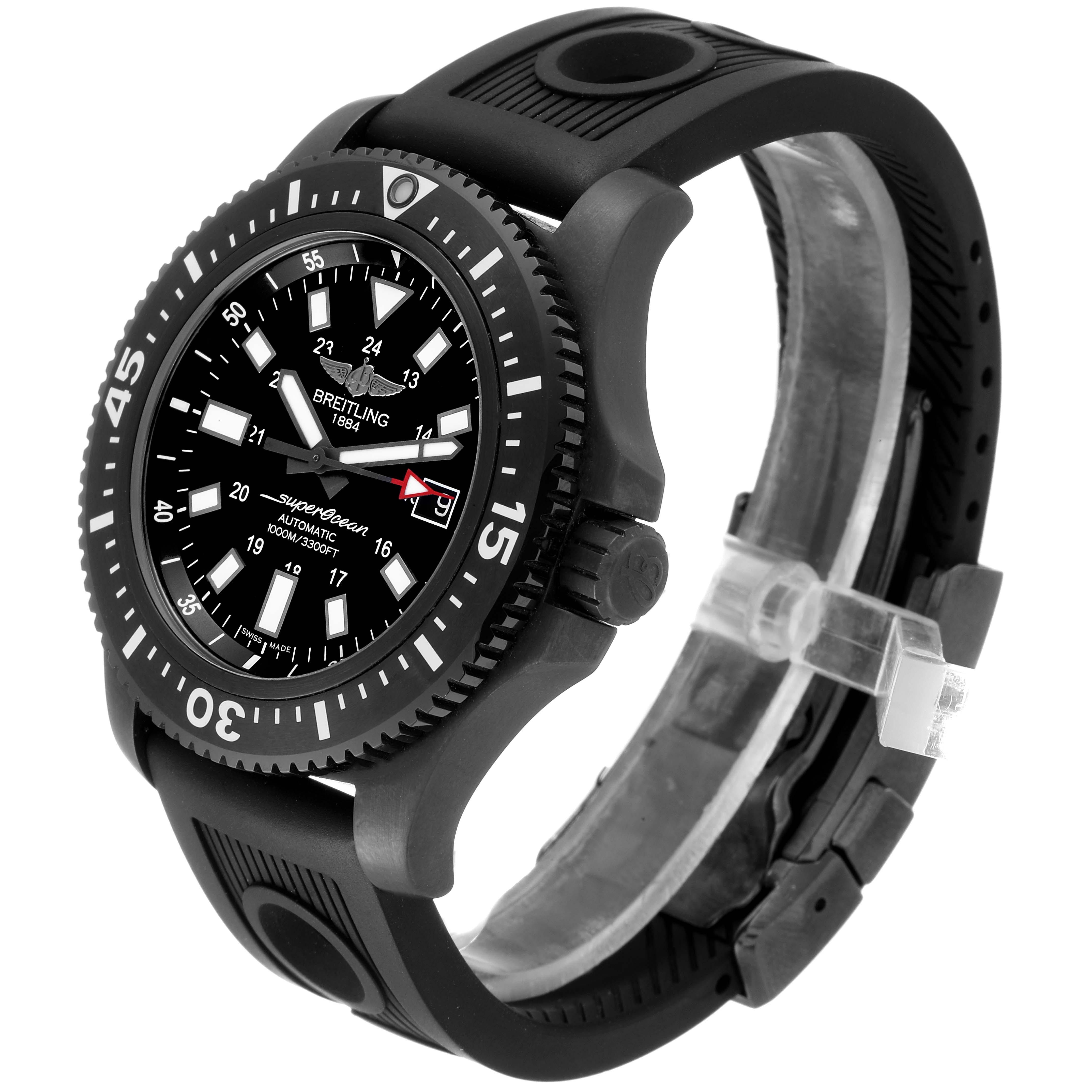 The image shows a Breitling Superocean M17393 Men
s Stainless Steel Black Dial M17393 Men
s Stainless Steel Black Dial watch from an angled side view featuring the dial, bezel, and rubber strap.