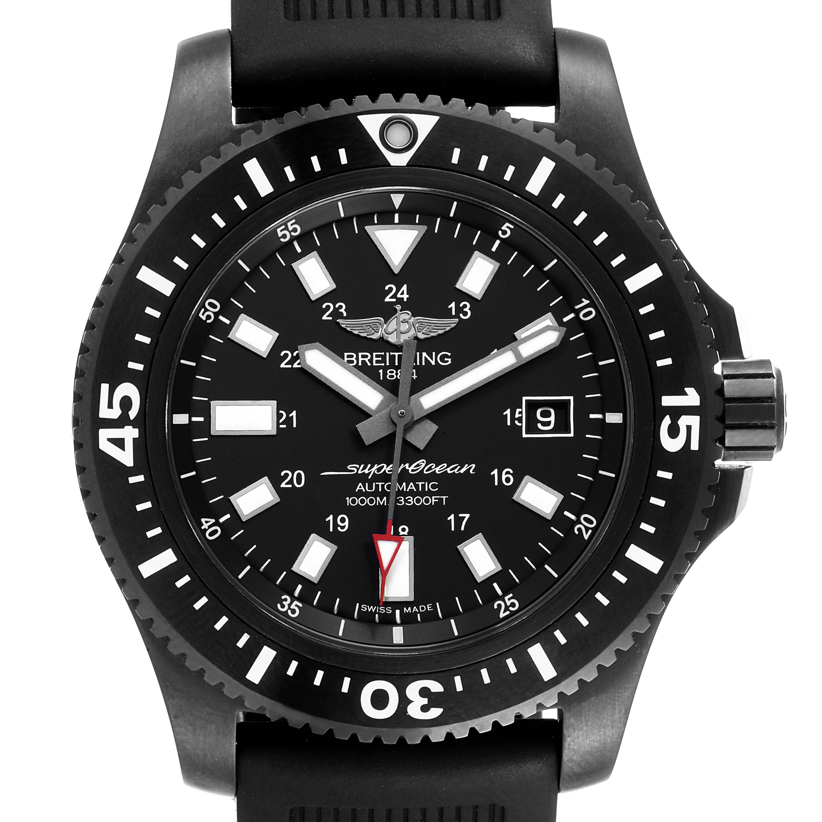 The image shows a front view of the Breitling Superocean M17393 Men
s Stainless Steel Black Dial M17393 Men
s Stainless Steel Black Dial watch, highlighting its dial, bezel, and crown.