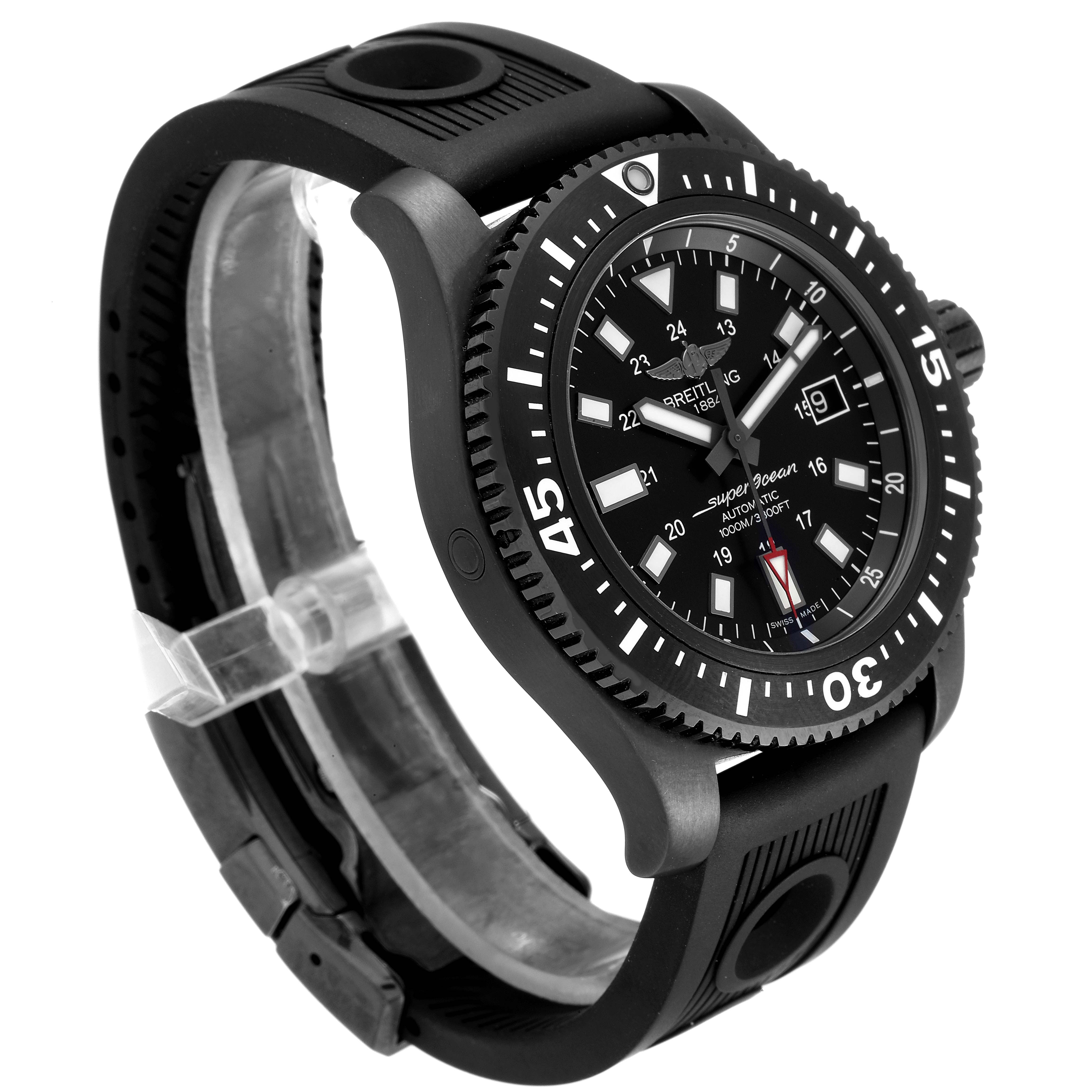 A Breitling Superocean M17393 Men
s Stainless Steel Black Dial M17393 Men
s Stainless Steel Black Dial watch is shown at a three-quarter angle, displaying its bezel, dial, and part of the strap.