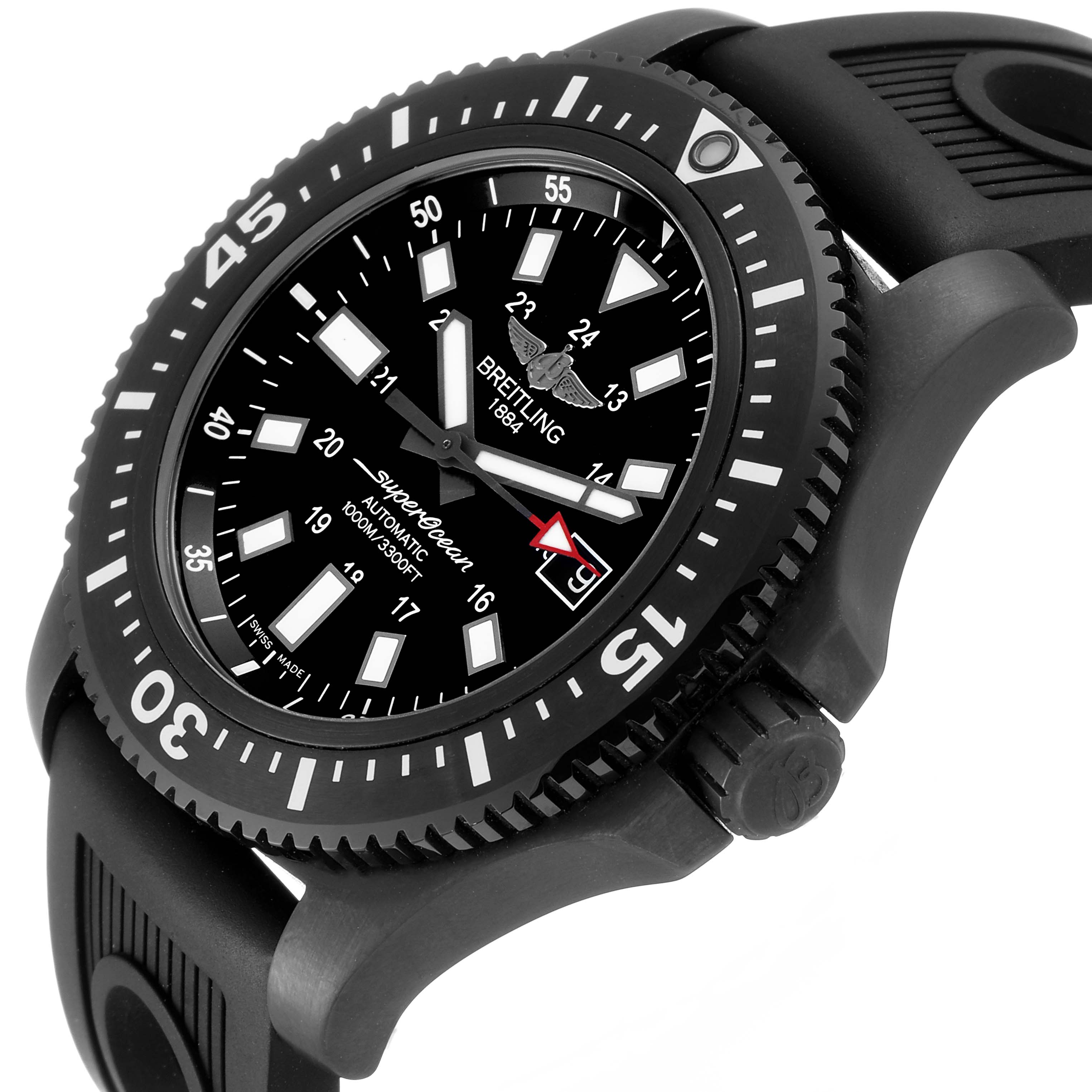 The Breitling Superocean M17393 Men
s Stainless Steel Black Dial M17393 Men
s Stainless Steel Black Dial watch is shown from a tilted angle, displaying the face, bezel, crown, and partial strap.