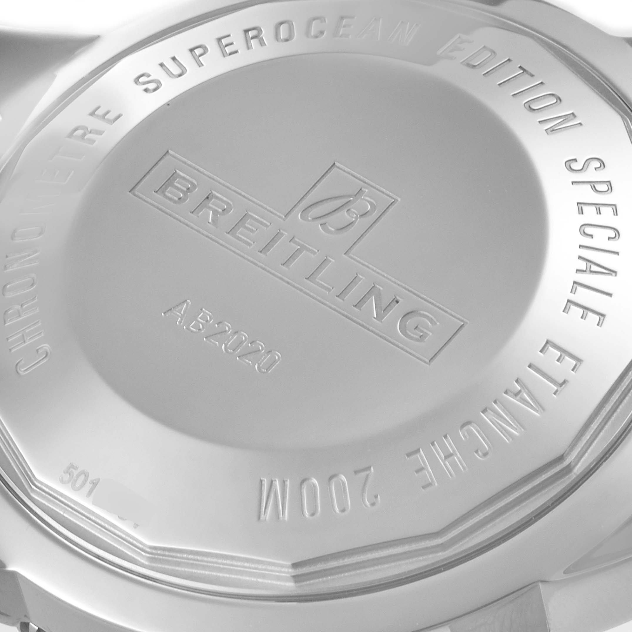 The image shows the back case of a Breitling Superocean AB202016-C961-152A Men's Stainless Steel Blue Dial AB202016-C961-152A Men's Stainless Steel Blue Dial watch, highlighting engravings and brand markings.