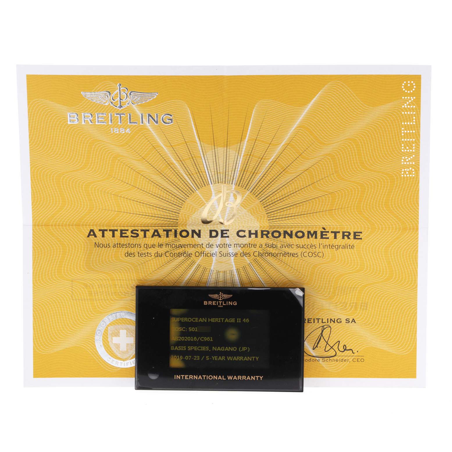 The image shows the warranty card and chronometer certificate for a Breitling Superocean AB202016-C961-152A Men's Stainless Steel Blue Dial AB202016-C961-152A Men's Stainless Steel Blue Dial model.