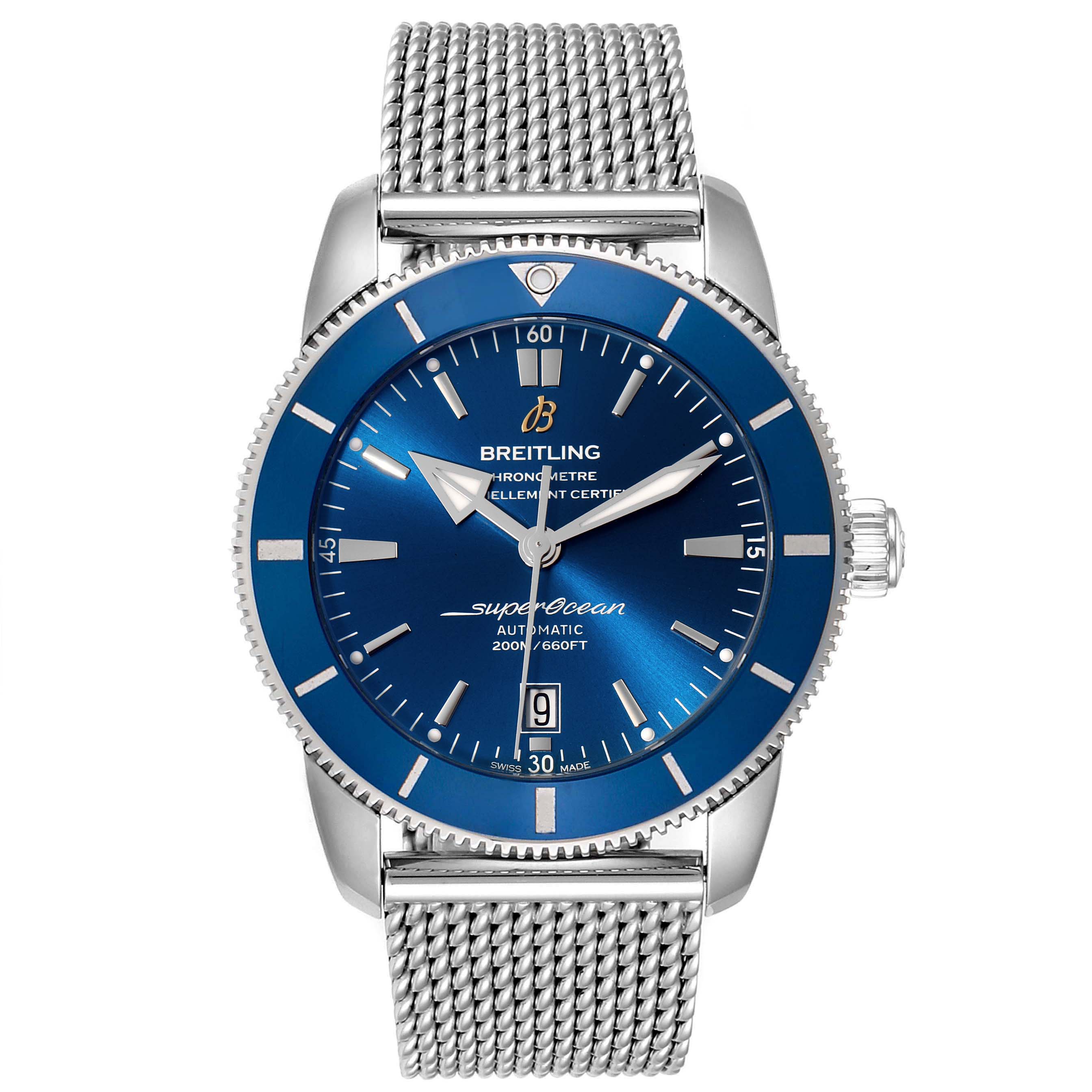 The image shows a front view of the Breitling Superocean AB202016-C961-152A Men's Stainless Steel Blue Dial AB202016-C961-152A Men's Stainless Steel Blue Dial watch, featuring a blue dial, stainless steel mesh bracelet, and rotating bezel.