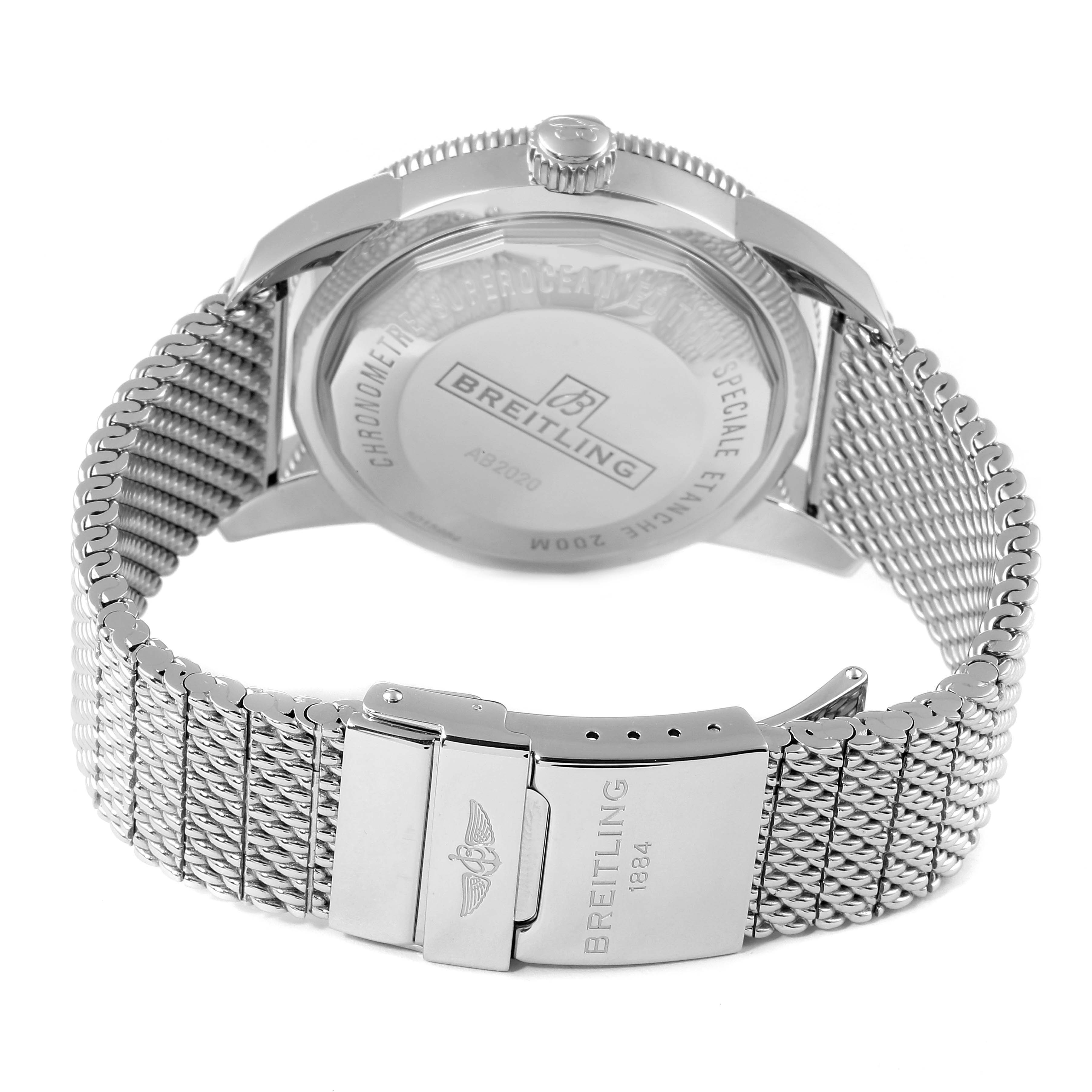 The image shows the back case, crown, and mesh bracelet of a Breitling Superocean AB202016-C961-152A Men's Stainless Steel Blue Dial AB202016-C961-152A Men's Stainless Steel Blue Dial watch from a rear angle.