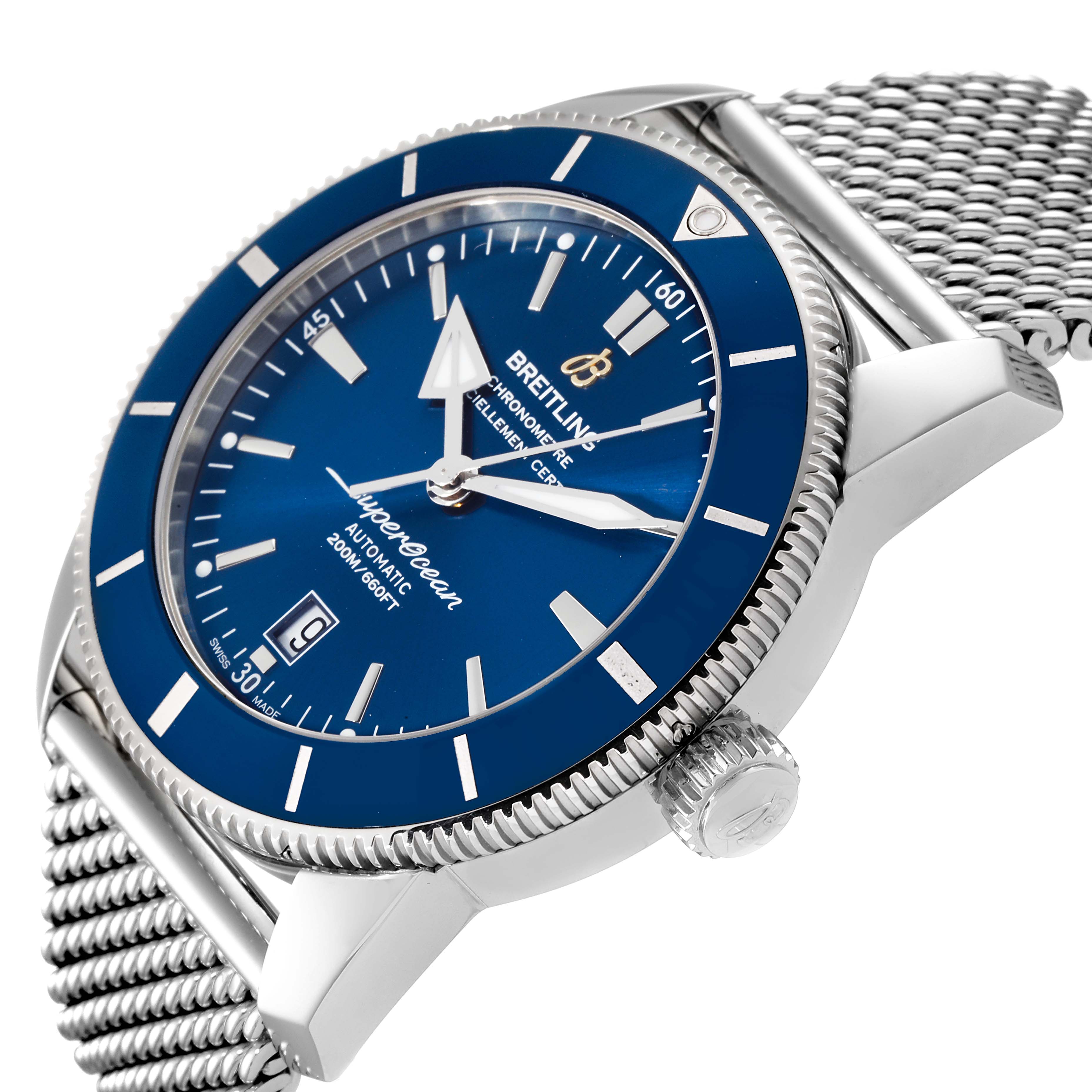 The image shows a side view of the Breitling Superocean AB202016-C961-152A Men's Stainless Steel Blue Dial AB202016-C961-152A Men's Stainless Steel Blue Dial watch, highlighting the bezel, dial, crown, and metal mesh bracelet.