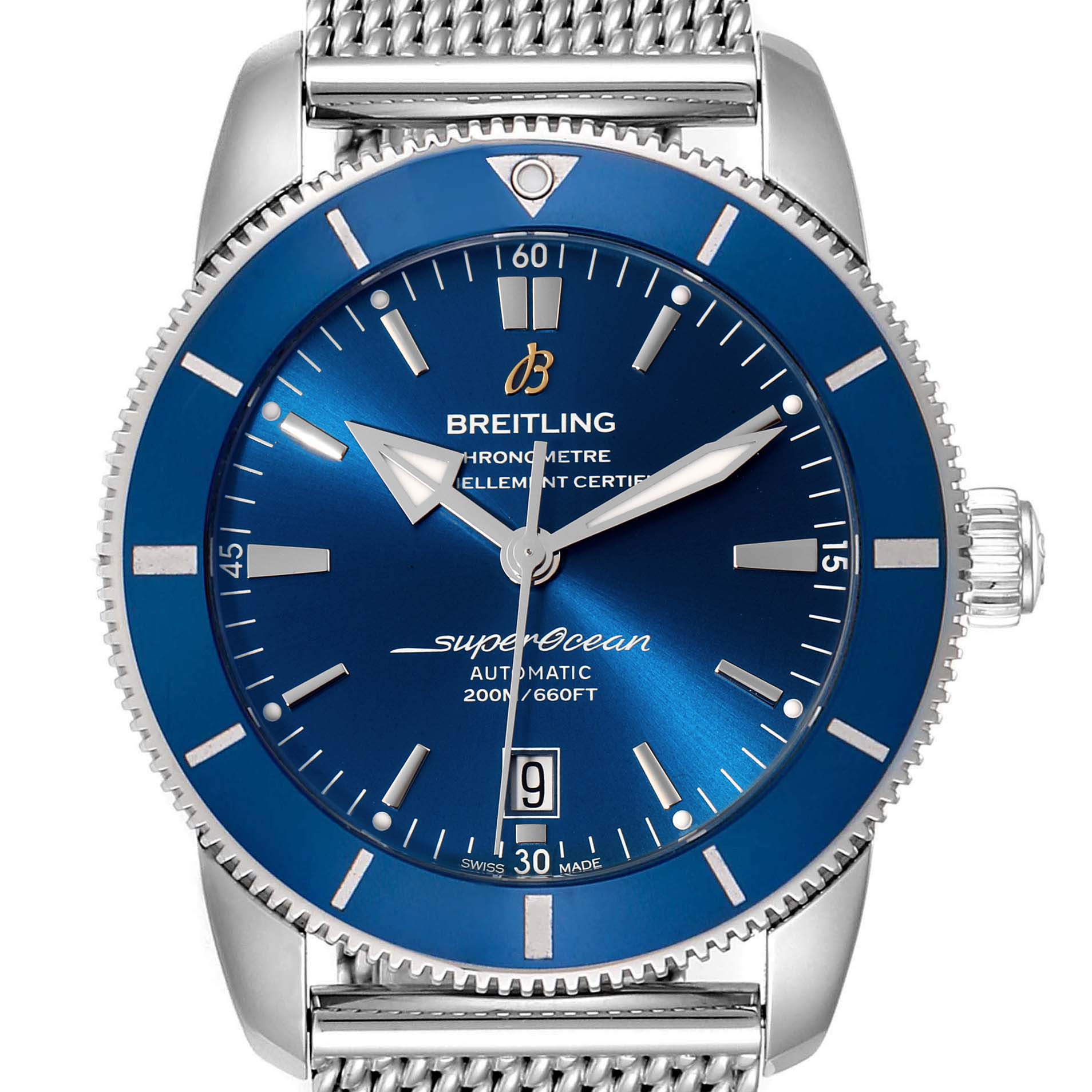 The image shows a front view of the Breitling Superocean AB202016-C961-152A Men's Stainless Steel Blue Dial AB202016-C961-152A Men's Stainless Steel Blue Dial watch, displaying its dial, bezel, hands, and part of its bracelet.