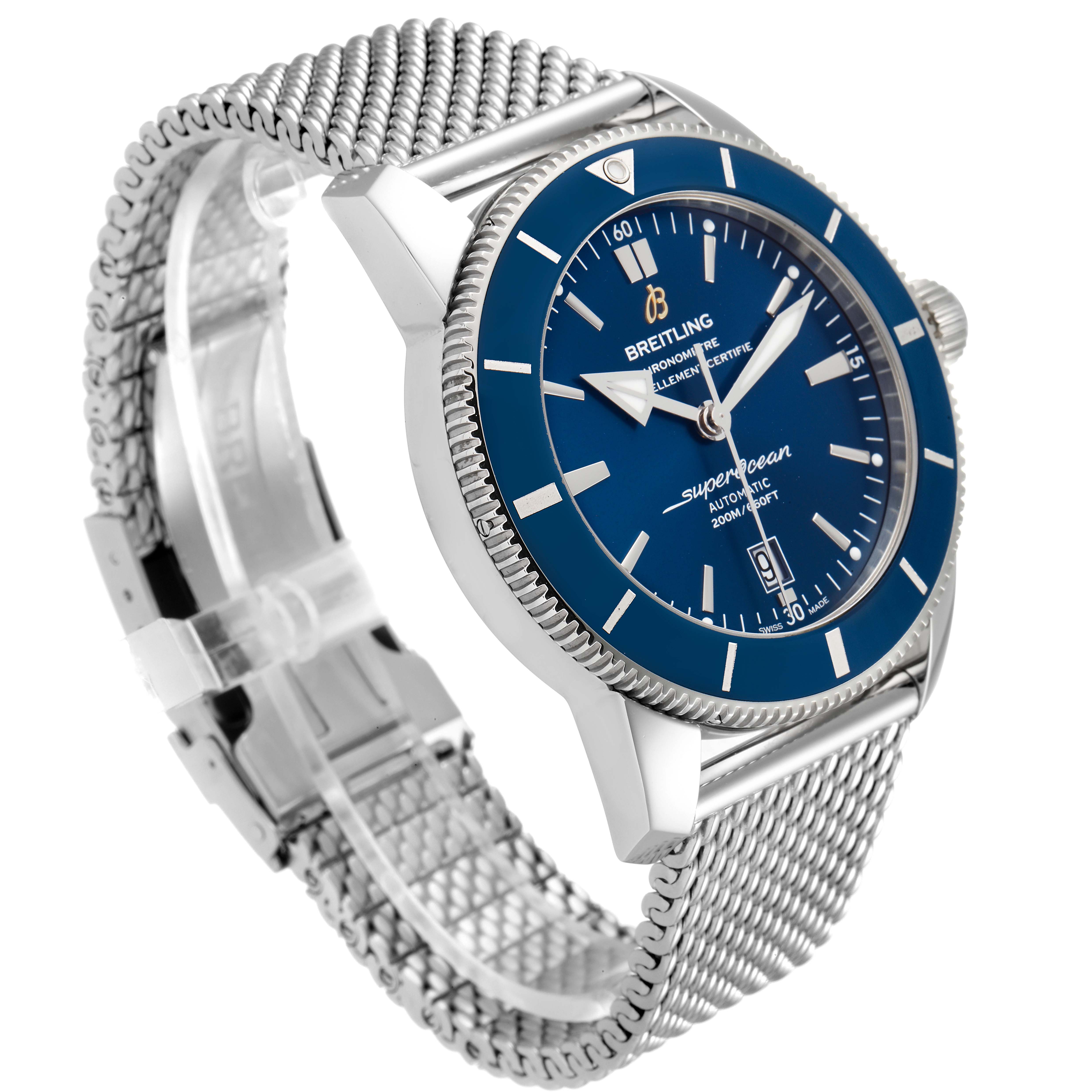 This image shows a Breitling Superocean AB202016-C961-152A Men's Stainless Steel Blue Dial AB202016-C961-152A Men's Stainless Steel Blue Dial watch at an angle, showcasing the blue dial, bezel, and mesh bracelet.