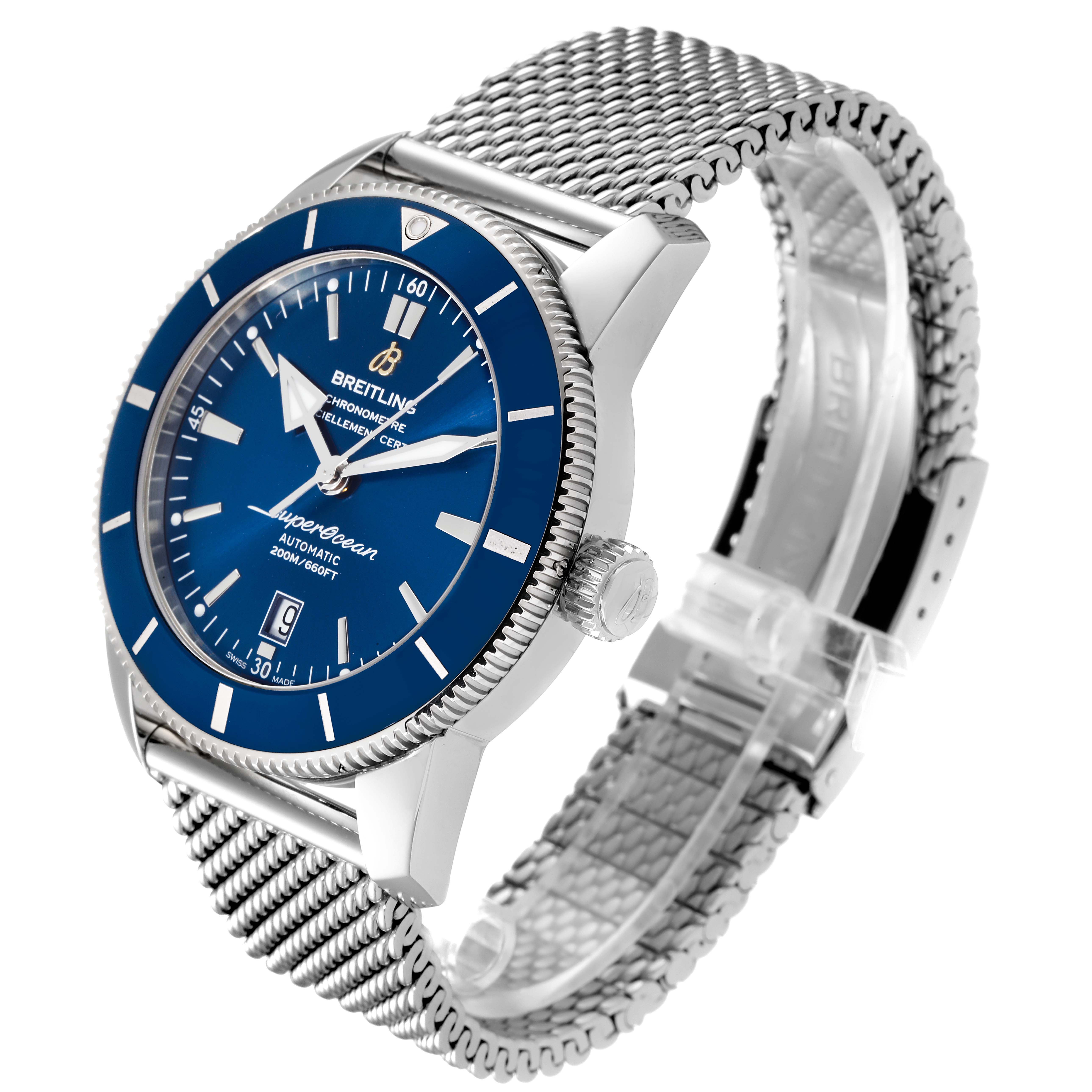 The image shows a Breitling Superocean AB202016-C961-152A Men's Stainless Steel Blue Dial AB202016-C961-152A Men's Stainless Steel Blue Dial watch at a three-quarter angle, highlighting the watch face, bezel, crown, and metal mesh band.