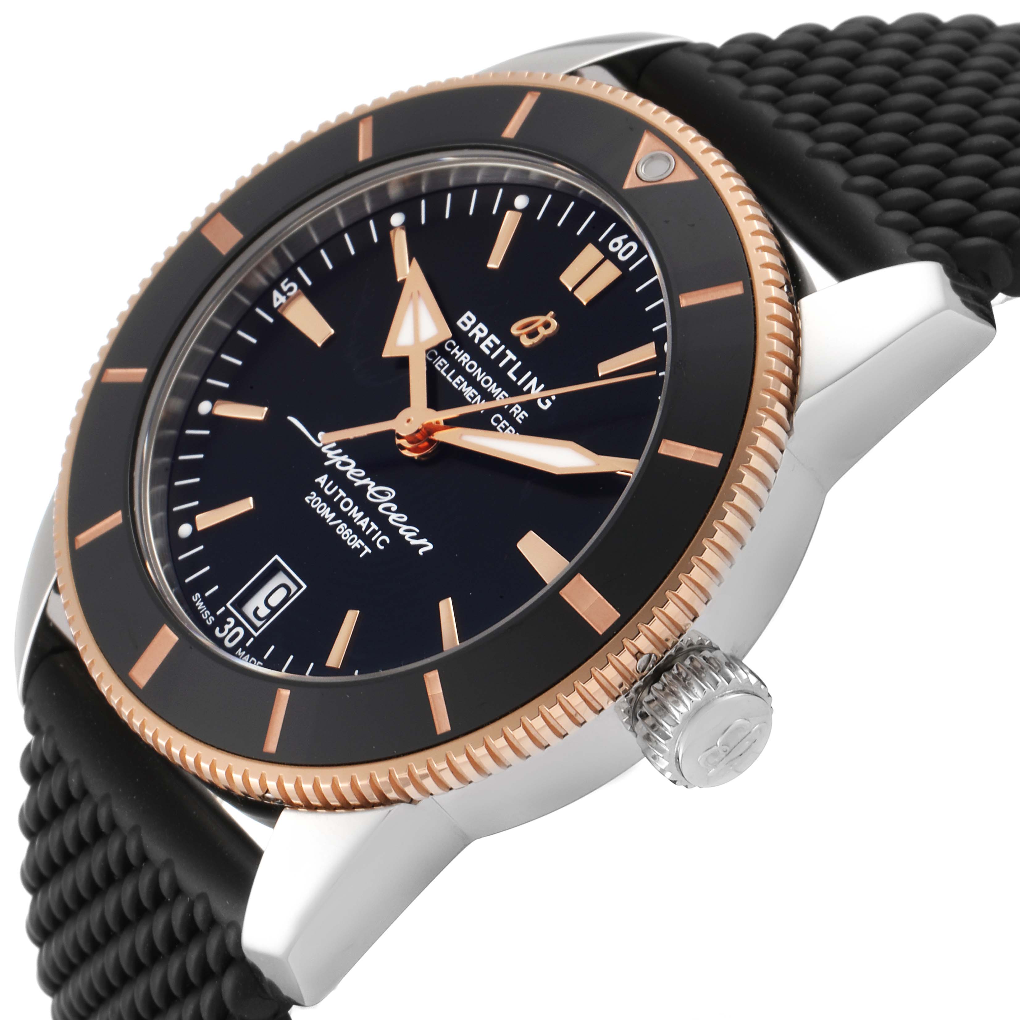 The image shows a side angle of the Breitling Superocean UB201012/BG53/154A Men
s Stainless Steel Black Dial UB201012/BG53/154A Men
s Stainless Steel Black Dial watch, highlighting the dial, bezel, crown, and a portion of the strap.