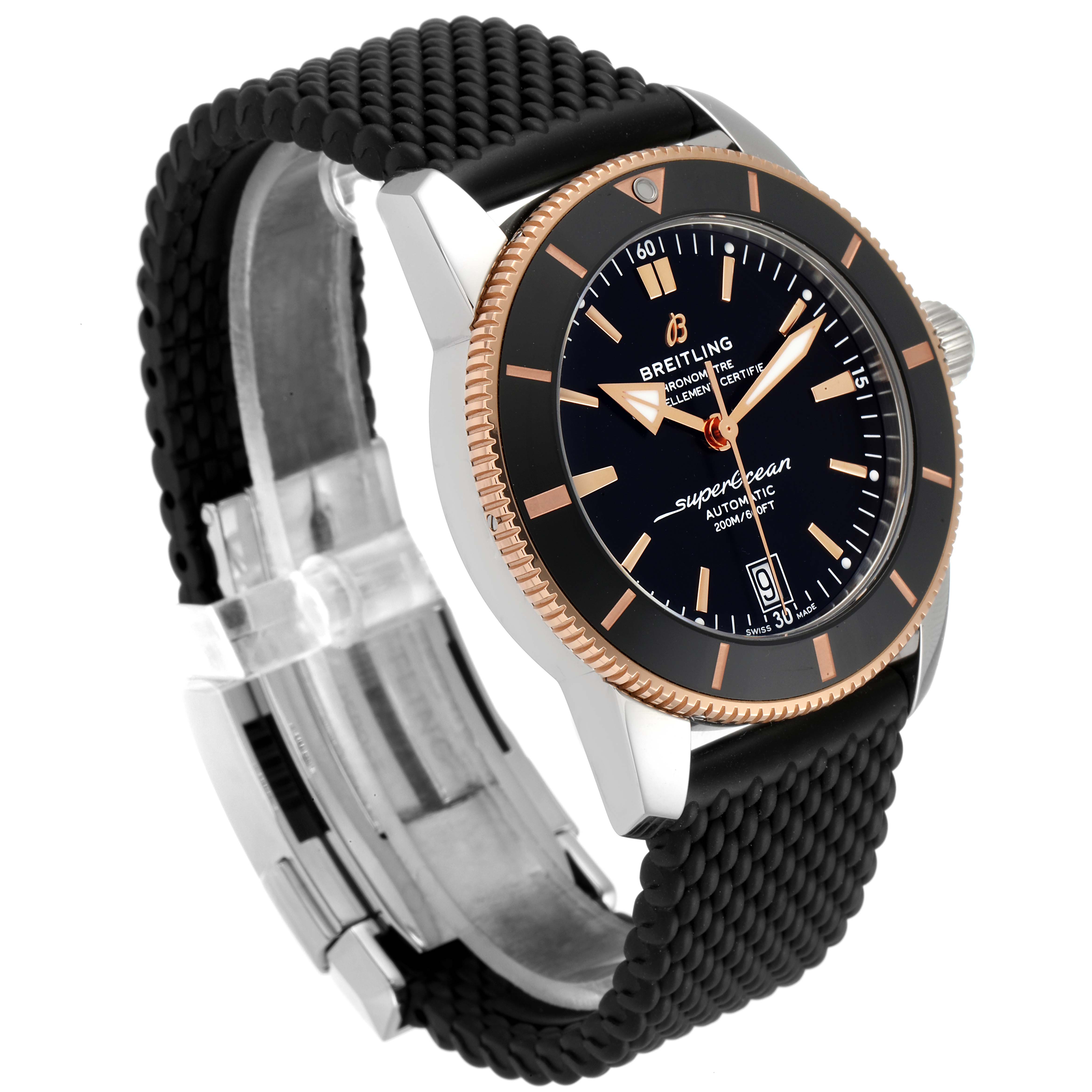 The image shows a side-angle view of the Breitling Superocean UB201012/BG53/154A Men
s Stainless Steel Black Dial UB201012/BG53/154A Men
s Stainless Steel Black Dial watch, highlighting its face, bezel, and black band.