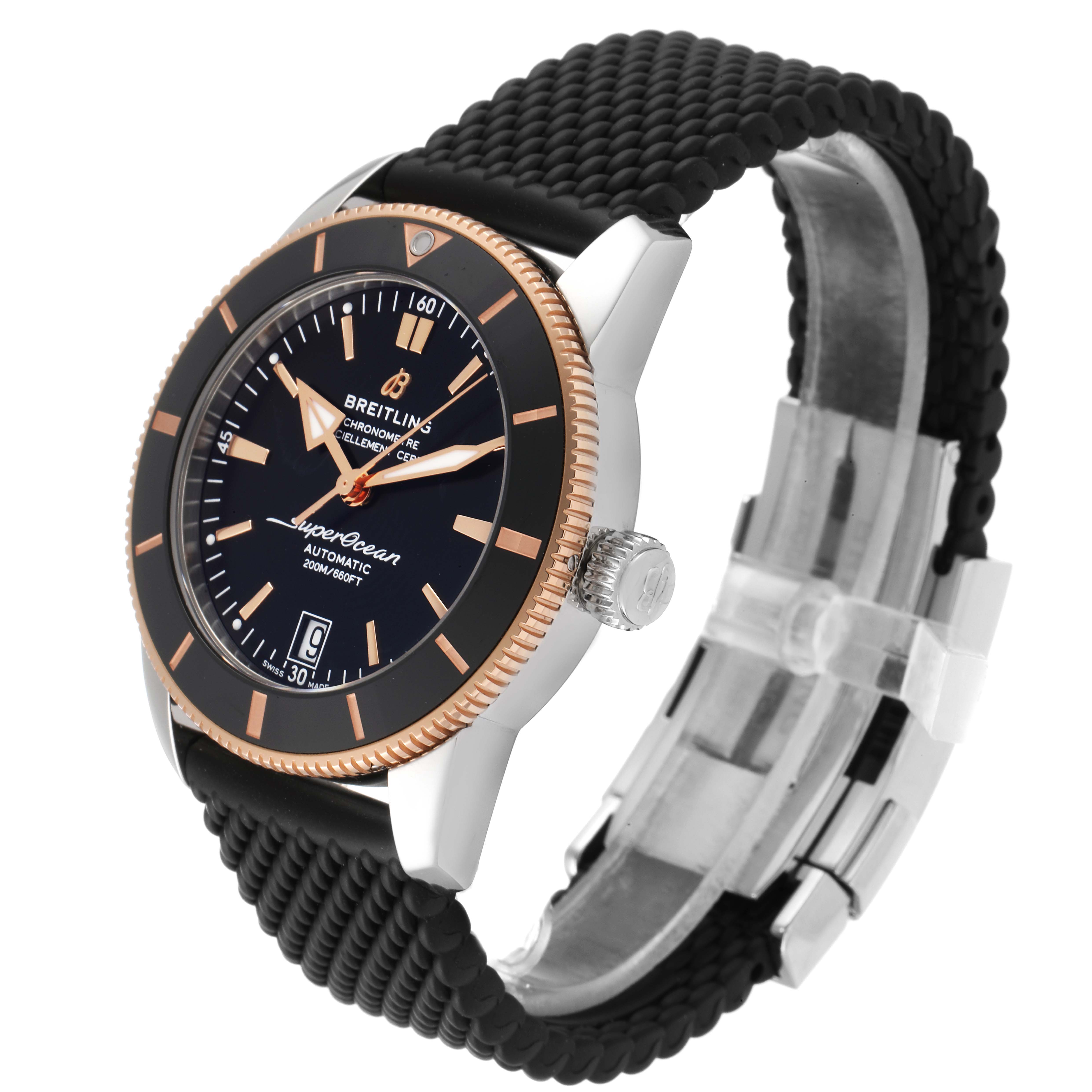 The image displays a Breitling Superocean UB201012/BG53/154A Men
s Stainless Steel Black Dial UB201012/BG53/154A Men
s Stainless Steel Black Dial watch at a three-quarter angle, showcasing its face, bezel, crown, and strap.