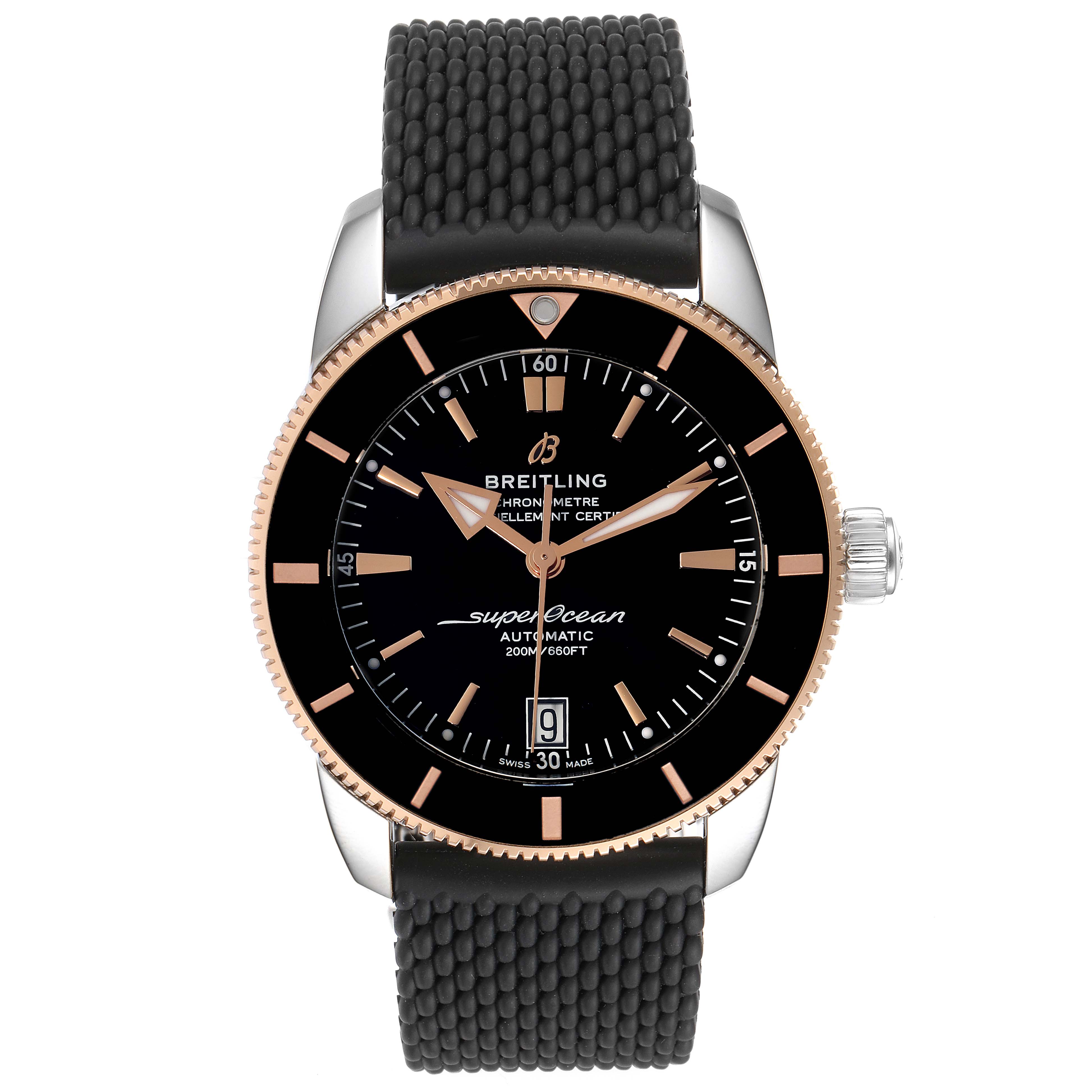 The image shows a straight-on view of the Breitling Superocean UB201012/BG53/154A Men
s Stainless Steel Black Dial UB201012/BG53/154A Men
s Stainless Steel Black Dial watch featuring its black dial, bezel, and rubber strap.