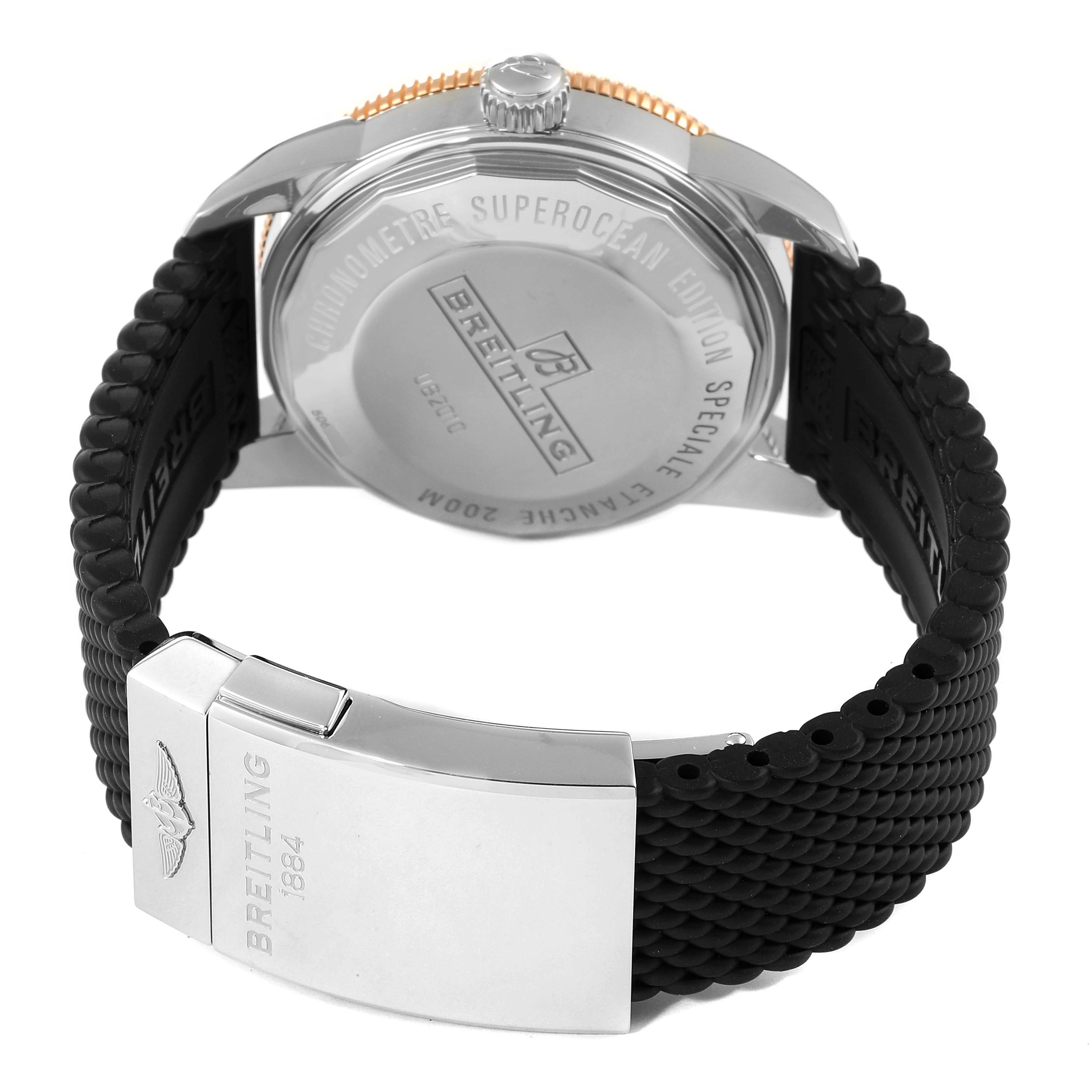 The image shows the back casing and strap of the Breitling Superocean UB201012/BG53/154A Men
s Stainless Steel Black Dial UB201012/BG53/154A Men
s Stainless Steel Black Dial watch at an angled rear view.