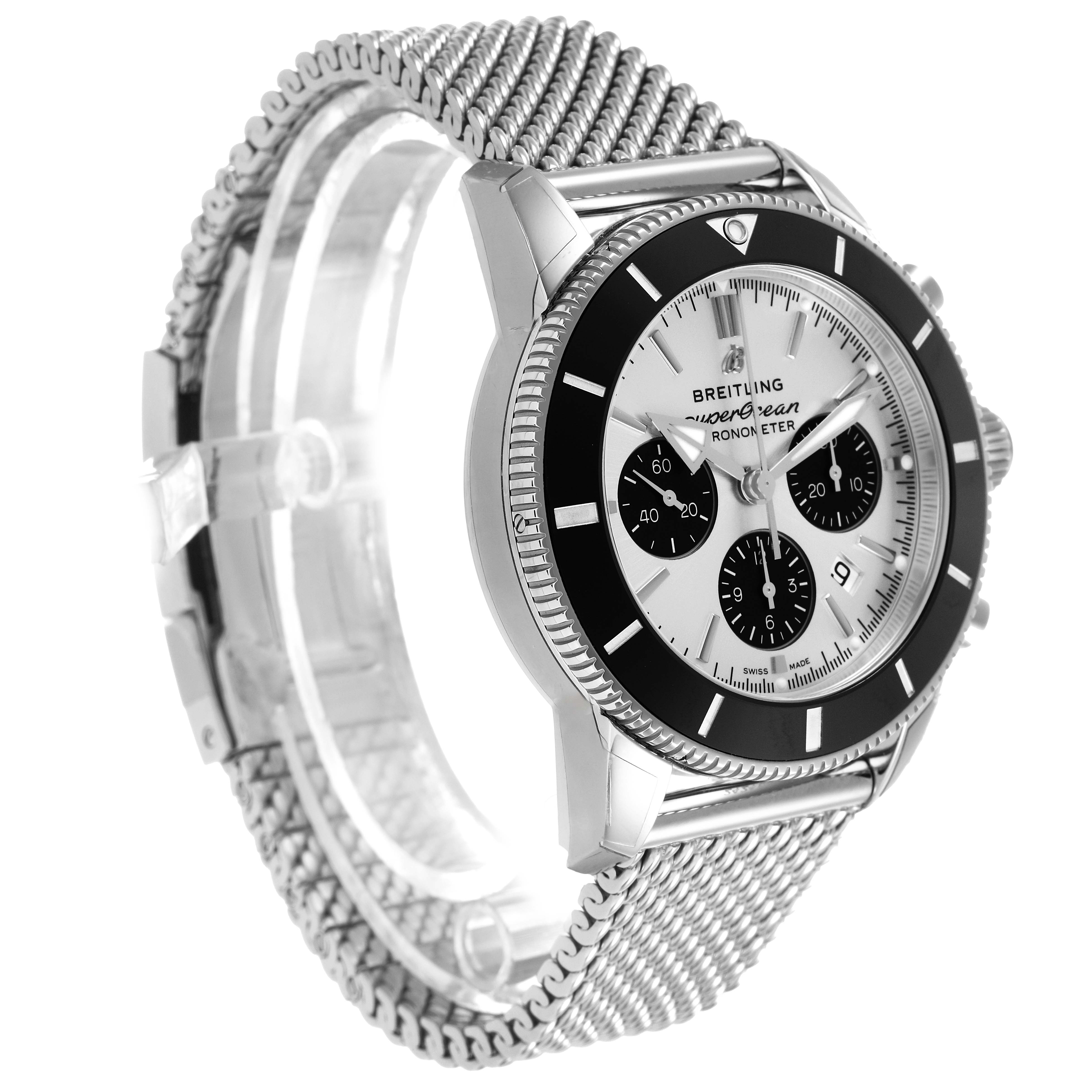 The Breitling Superocean AB0162 Men's Stainless Steel Silver Dial watch is shown at a three-quarter angle, highlighting its face, bezel, and mesh bracelet.