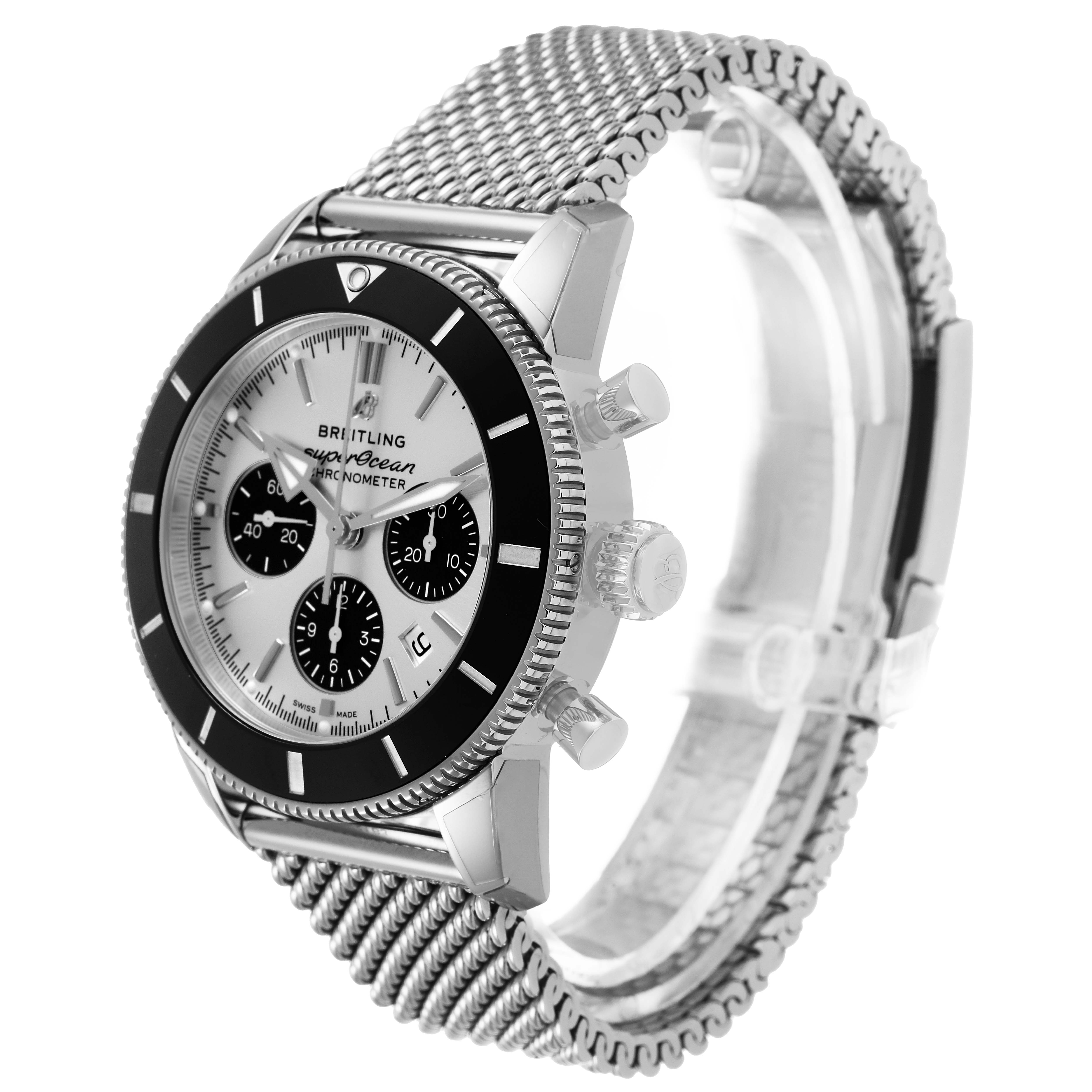 The Breitling Superocean AB0162 Men's Stainless Steel Silver Dial watch is shown at a slight angle, displaying the face, bezel, chronograph dials, and mesh bracelet.