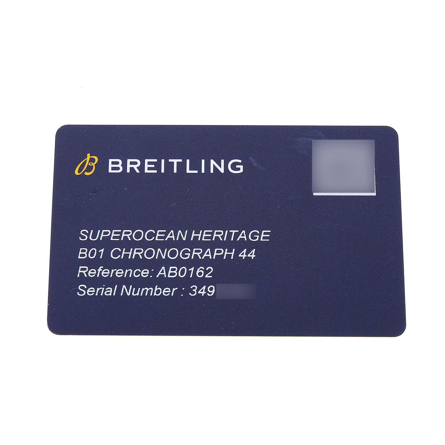 The image shows a Breitling Superocean AB0162 Men's Stainless Steel Silver Dial Heritage B01 Chronograph 44 card with reference and serial numbers.