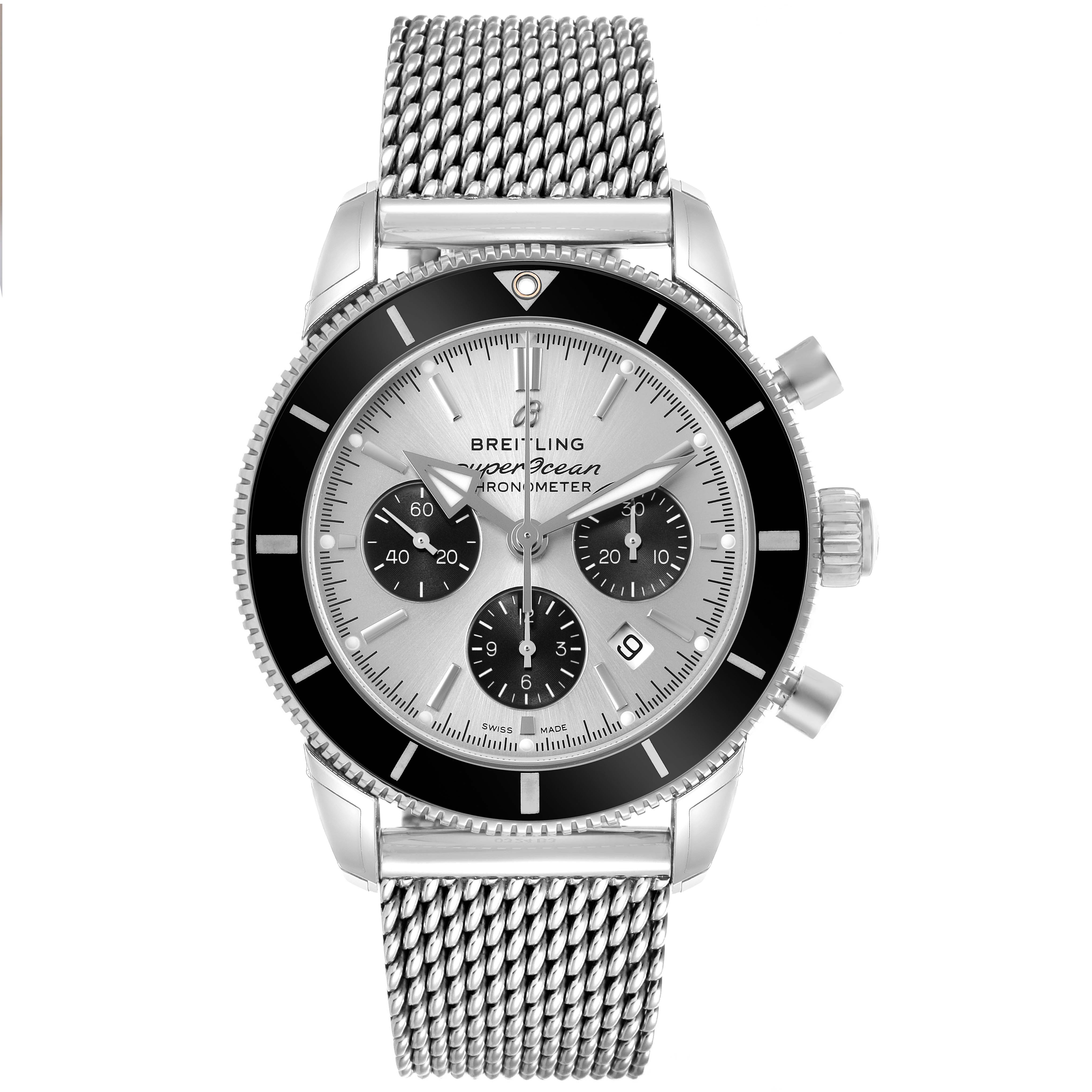 The Breitling Superocean AB0162 Men's Stainless Steel Silver Dial watch is shown from the front, featuring its face, bezel, crown, and stainless steel mesh bracelet.