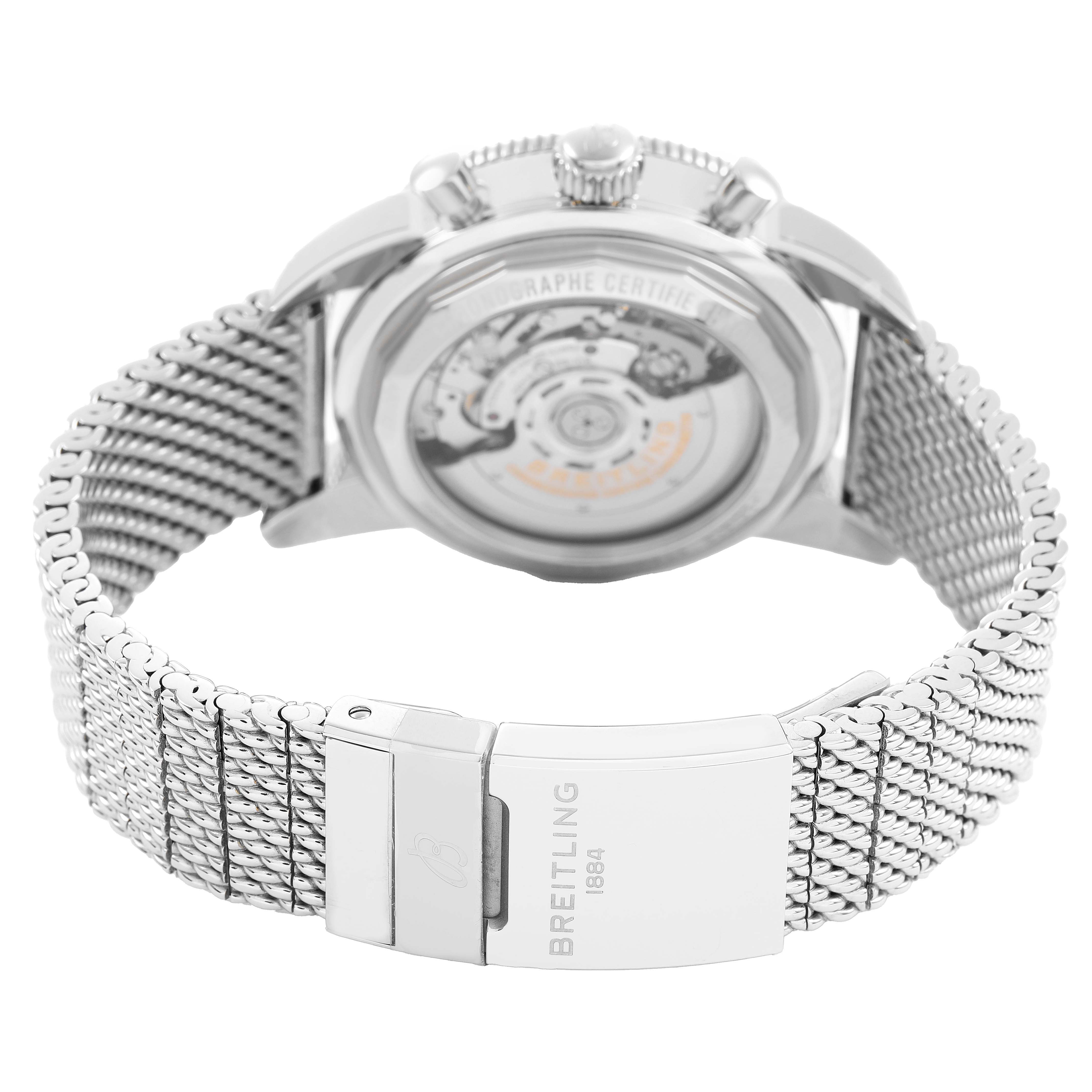 The Breitling Superocean AB0162 Men's Stainless Steel Silver Dial watch is shown from the back, highlighting the open case back and steel mesh bracelet with clasp.
