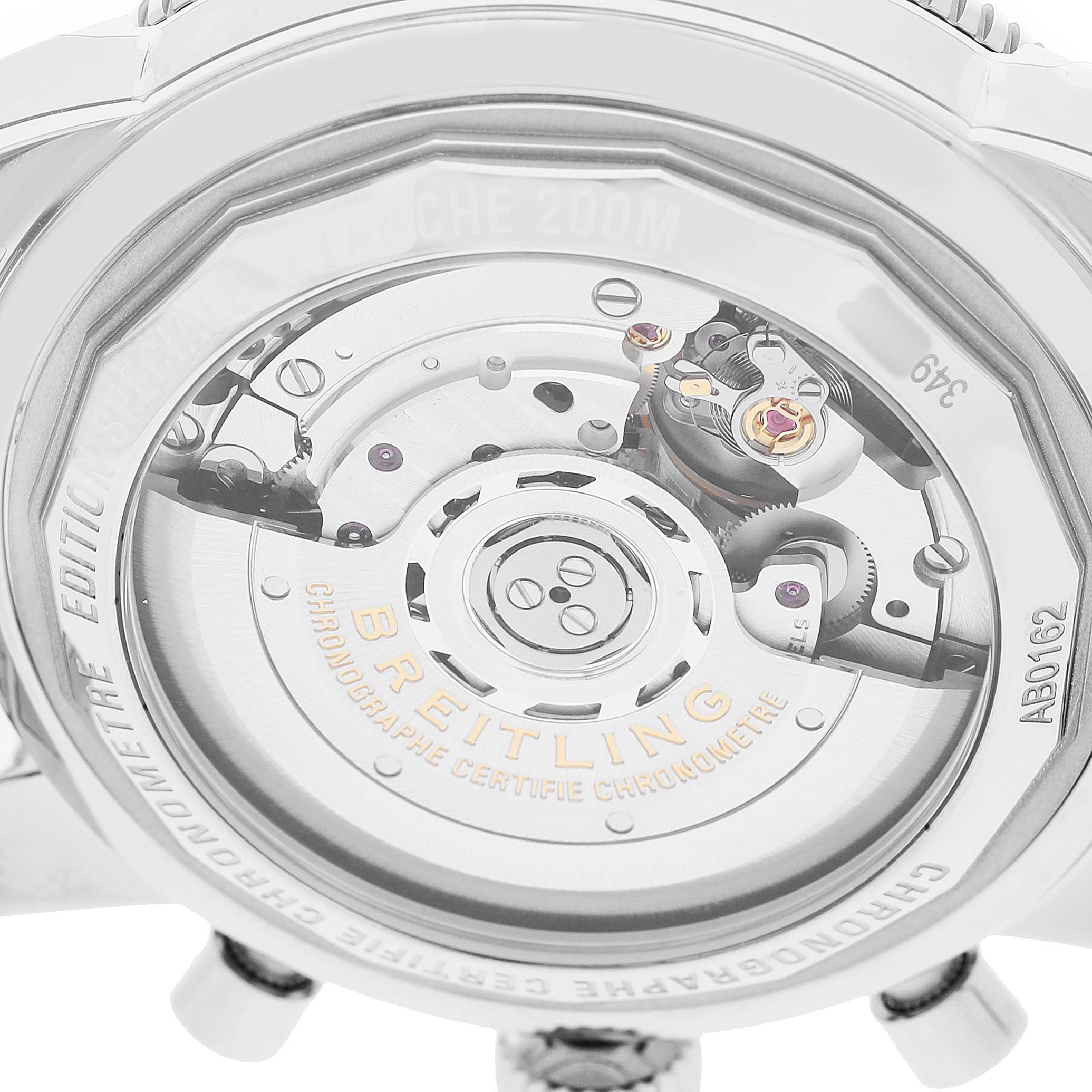 The image shows the back view of a Breitling Superocean AB0162 Men's Stainless Steel Silver Dial watch, highlighting the movement and inner mechanisms.