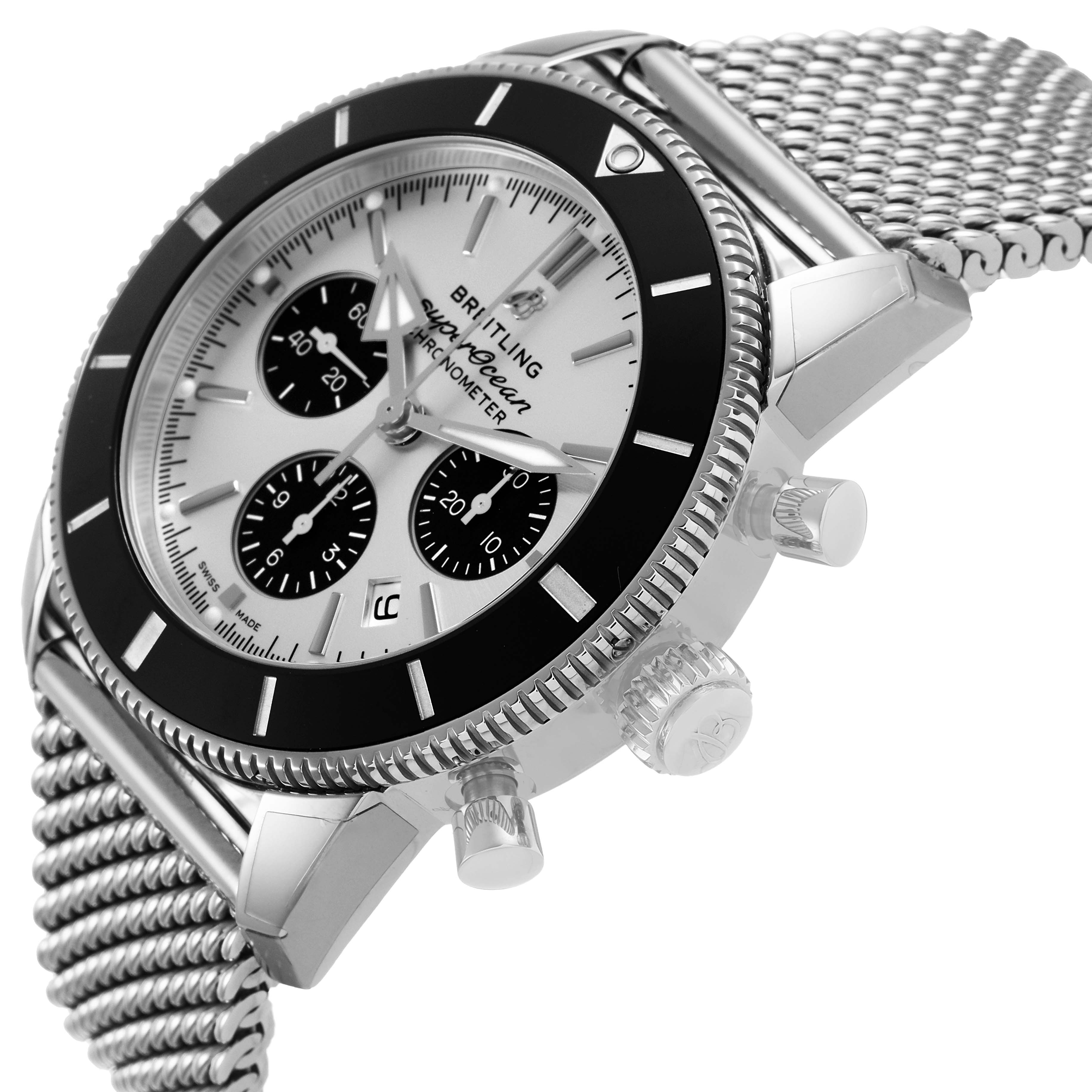 The Breitling Superocean AB0162 Men's Stainless Steel Silver Dial model is shown at a three-quarter angle, highlighting the dial, bezel, chronograph subdials, and mesh bracelet.