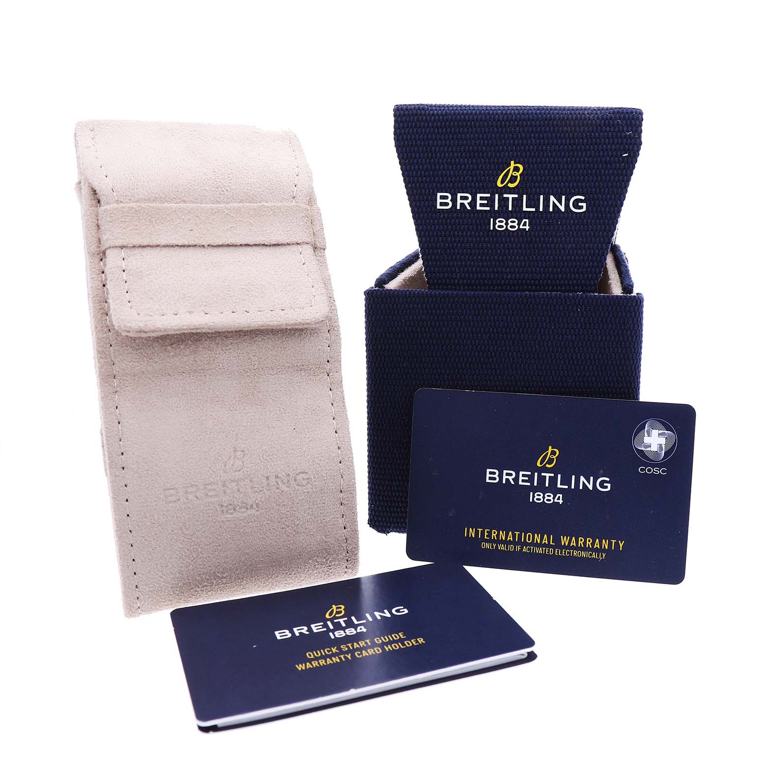The image shows accessories for the Breitling Superocean AB0162 Men's Stainless Steel Silver Dial, including a box, pouch, warranty card, and guide.