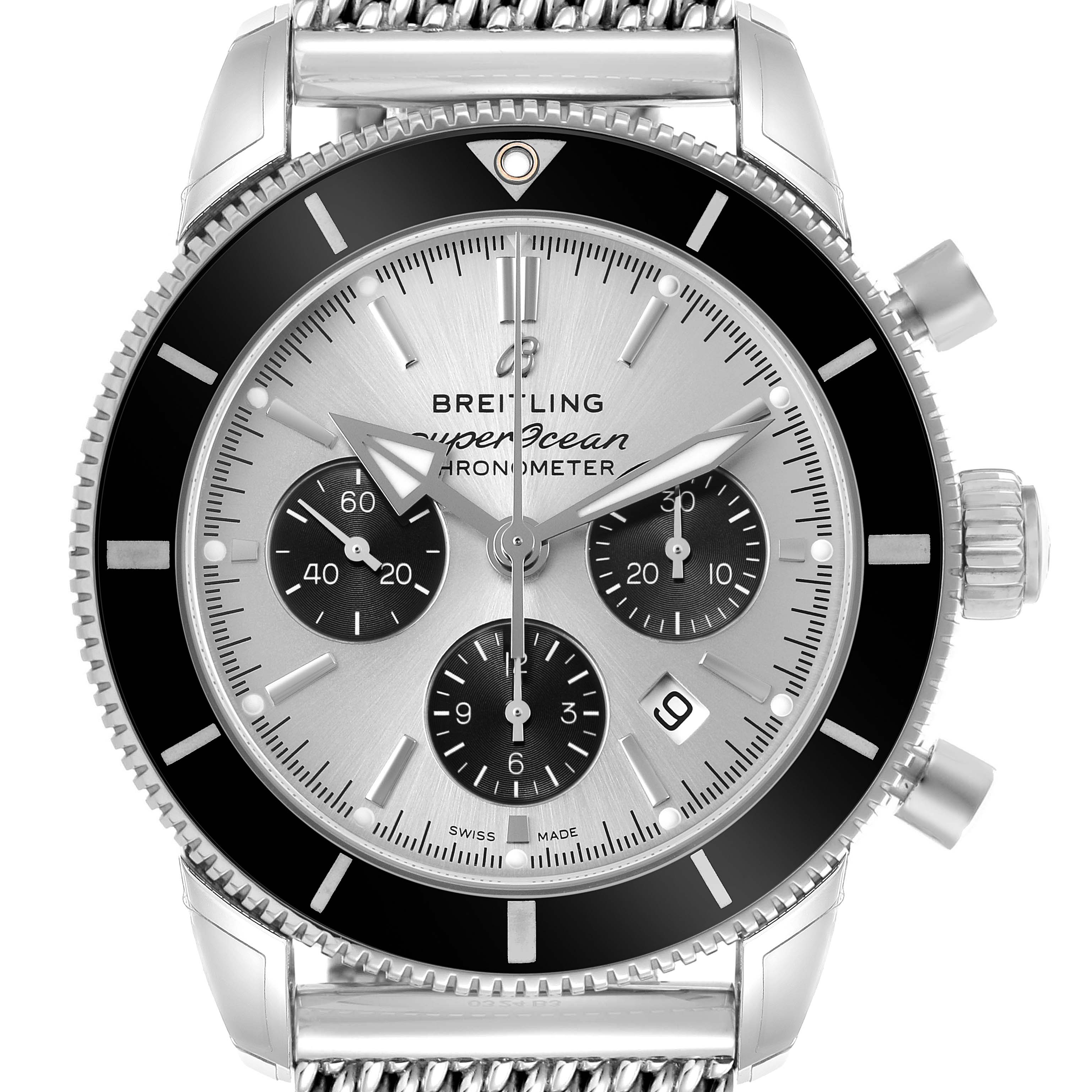 The Breitling Superocean AB0162 Men's Stainless Steel Silver Dial watch is shown from a front view, highlighting its dial, bezel, chronograph sub-dials, and crown.