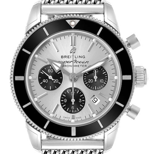 The Breitling Superocean AB0162 Men's Stainless Steel Silver Dial watch is shown from a frontal view, displaying its dial, subdials, and bezel.