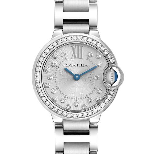The Cartier Ballon Bleu W4BB0034 Women's Stainless Steel Silver Dial watch is shown from a front angle, highlighting the dial, bezel, and metal bracelet.