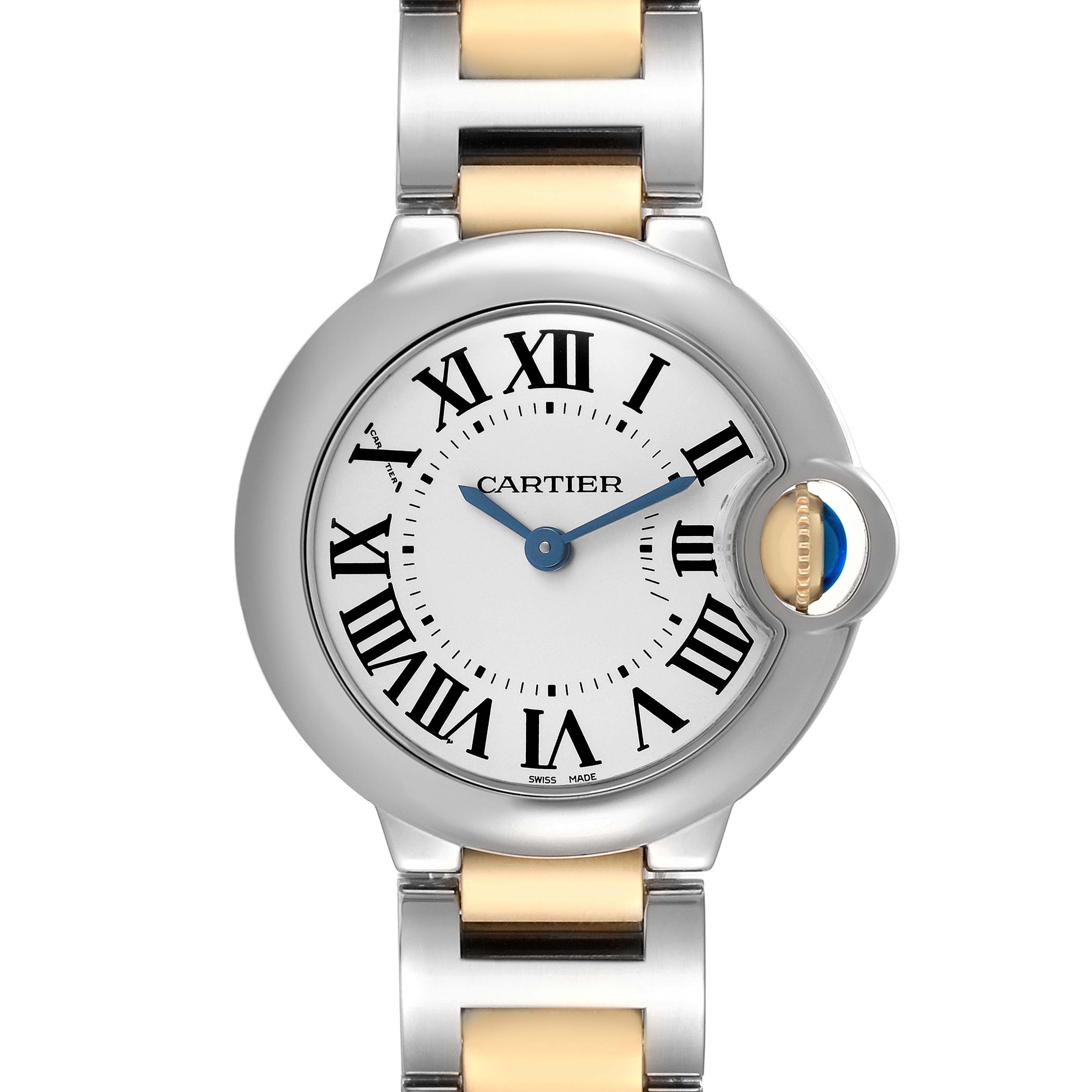 The Cartier Ballon Bleu W69007Z3 Women's Steel and Gold (two tone) Silver Dial watch is shown from a front angle, highlighting the face, Roman numerals, and metal bracelet.