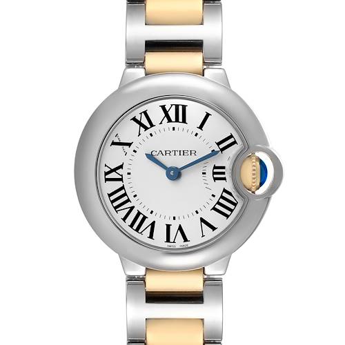 The Cartier Ballon Bleu W69007Z3 Women's Steel and Gold (two tone) Silver Dial watch is shown from the front, highlighting its dial, case, crown, and part of the bracelet.