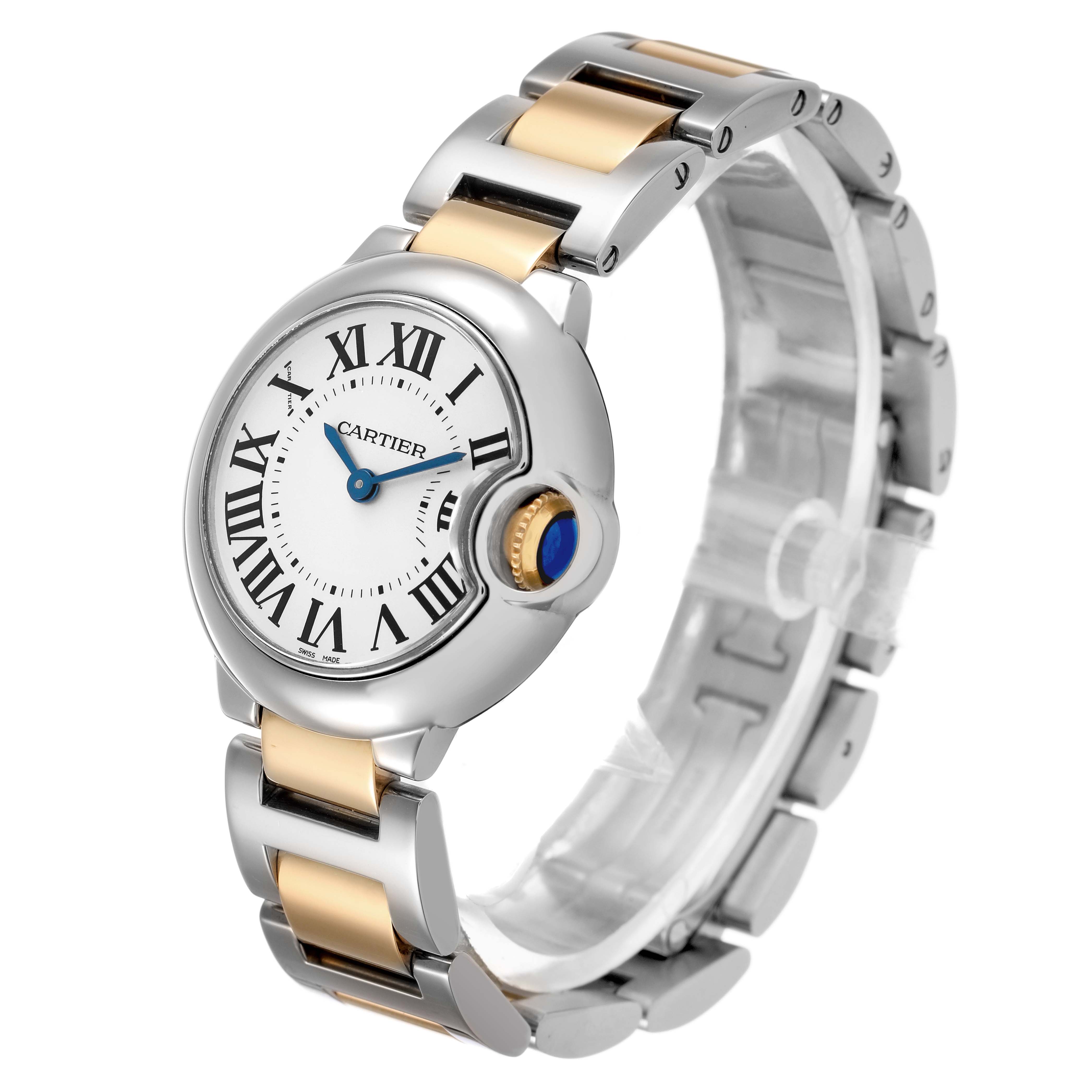 The Cartier Ballon Bleu W69007Z3 Women's Steel and Gold (two tone) Silver Dial watch is shown from a three-quarter angle displaying the face, crown, and two-tone bracelet.