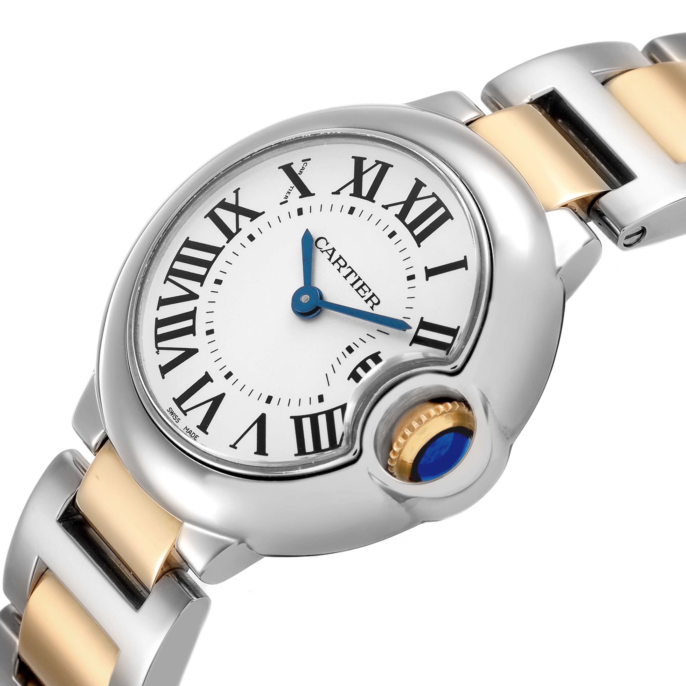 The Cartier Ballon Bleu W69007Z3 Women's Steel and Gold (two tone) Silver Dial watch is shown at an angled view, highlighting the dial, Roman numerals, and crown with a blue gem.