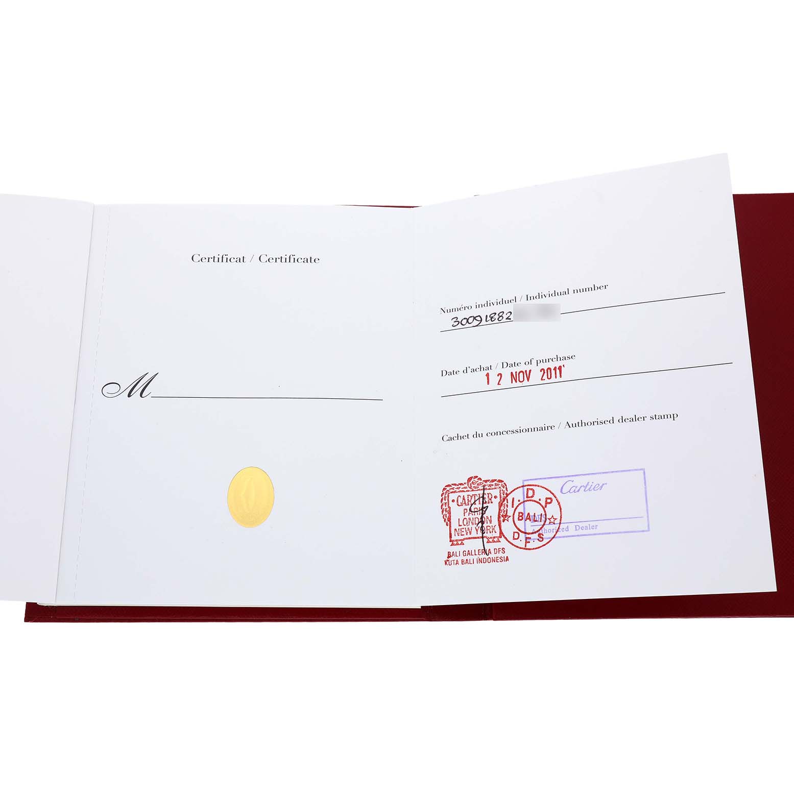 The image shows a certificate with a red stamp for a Cartier Ballon Bleu W69007Z3 Women's Steel and Gold (two tone) Silver Dial watch.