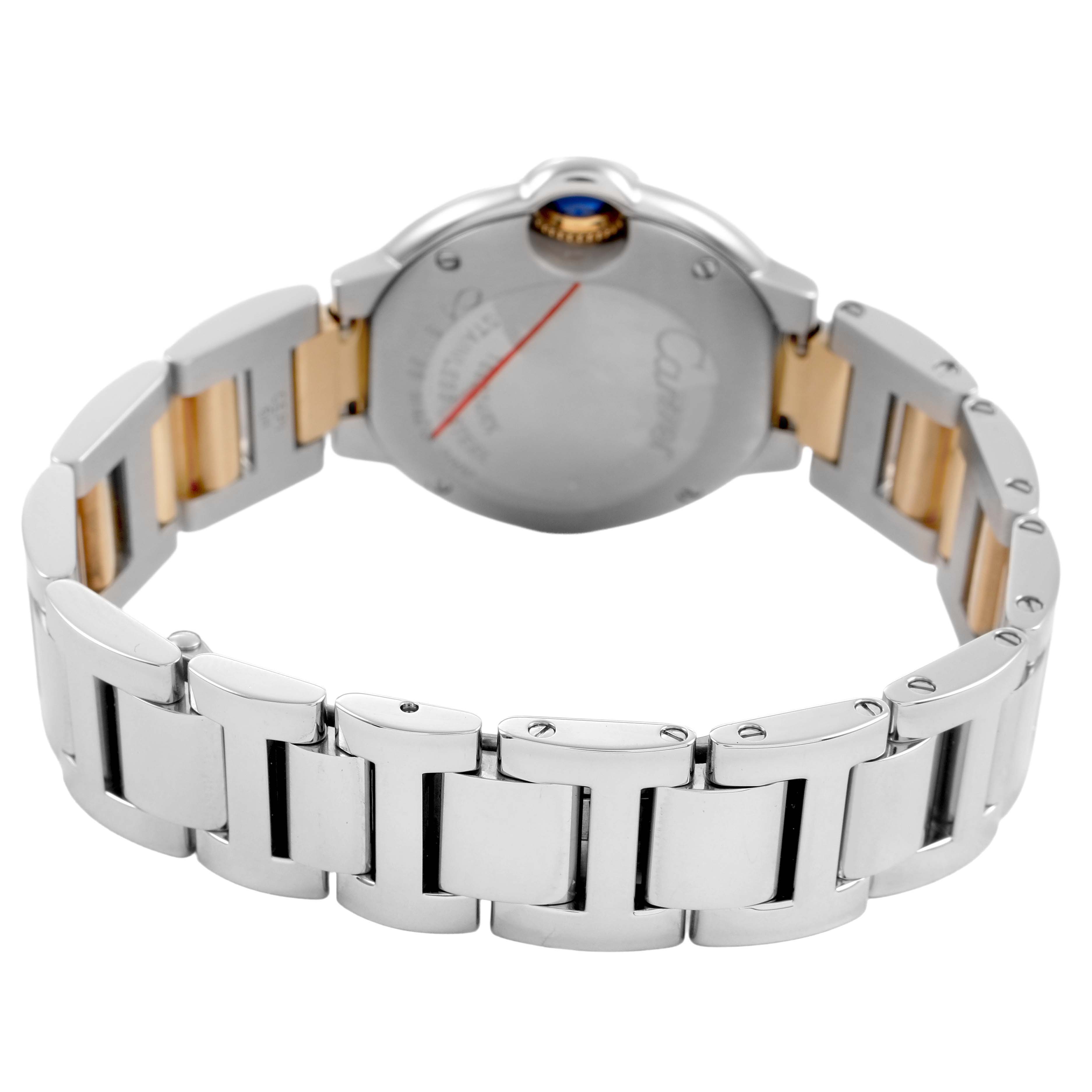 The image shows the back and bracelet of the Cartier Ballon Bleu W69007Z3 Women's Steel and Gold (two tone) Silver Dial watch, highlighting its two-tone metal links.