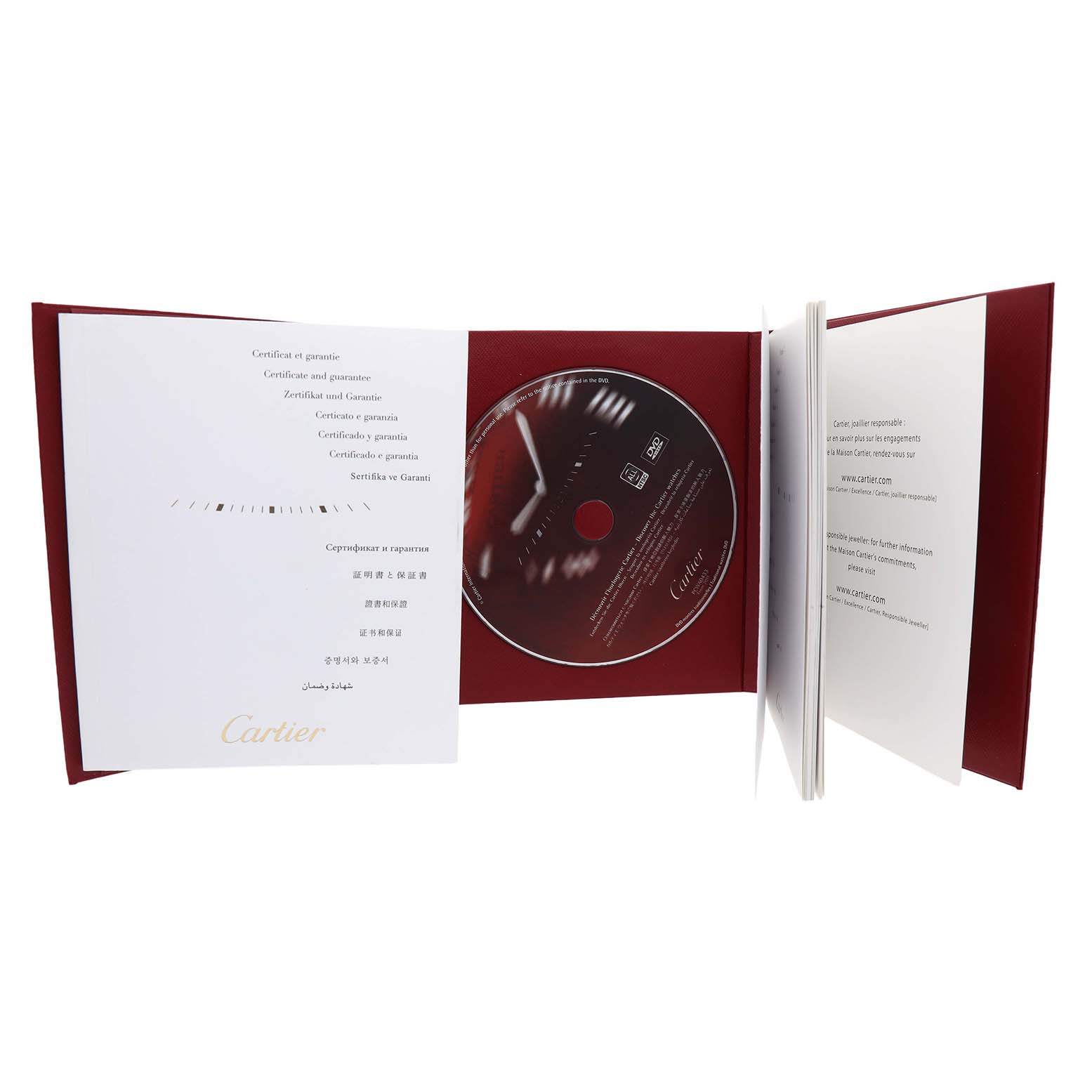 The image shows the open booklet and CD for the Cartier Ballon Bleu W69007Z3 Women's Steel and Gold (two tone) Silver Dial model, featuring the warranty and manuals.