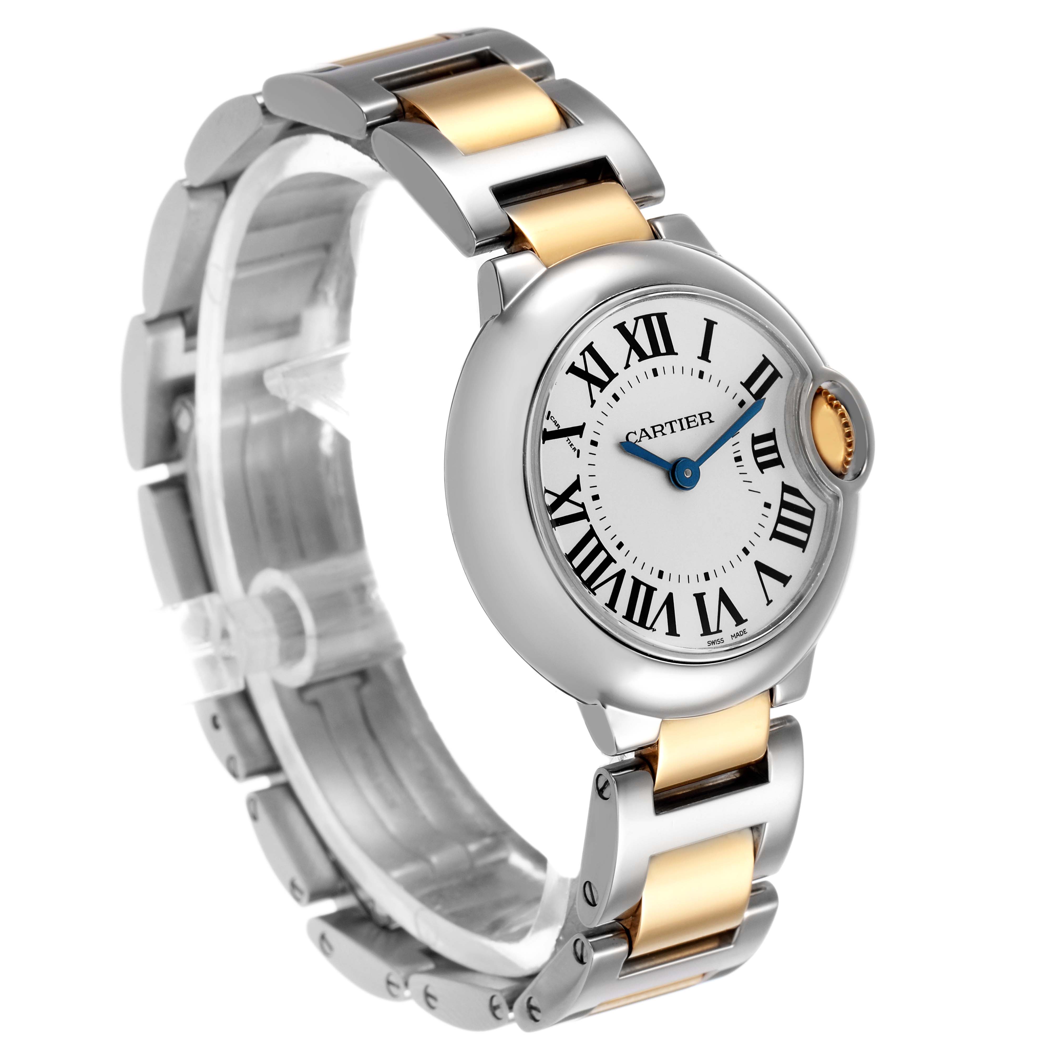 The Cartier Ballon Bleu W69007Z3 Women's Steel and Gold (two tone) Silver Dial watch is shown from a front-side angle, highlighting its round face and two-tone bracelet.