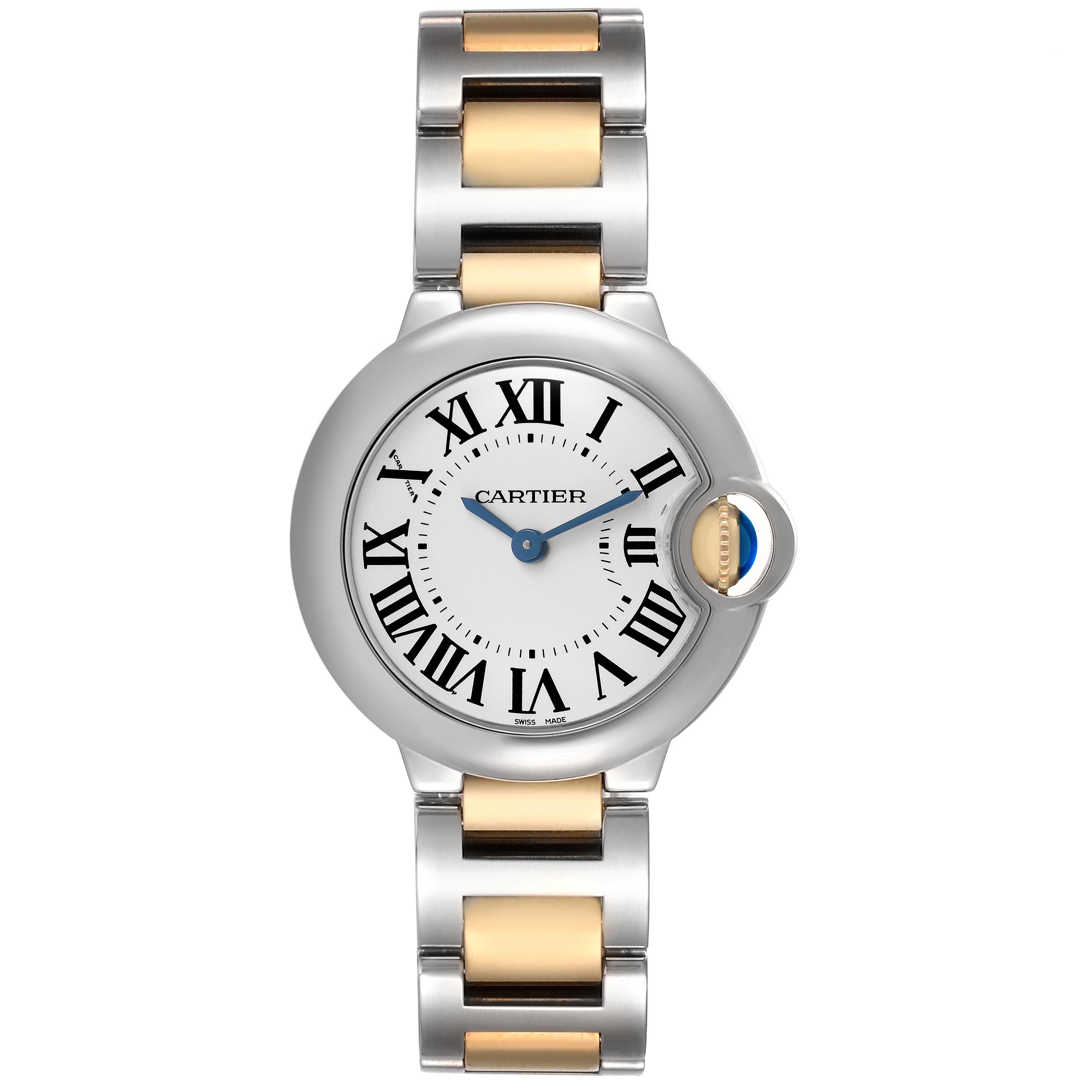 The Cartier Ballon Bleu W69007Z3 Women's Steel and Gold (two tone) Silver Dial watch is shown from a front angle, highlighting the face, Roman numerals, and two-tone bracelet.