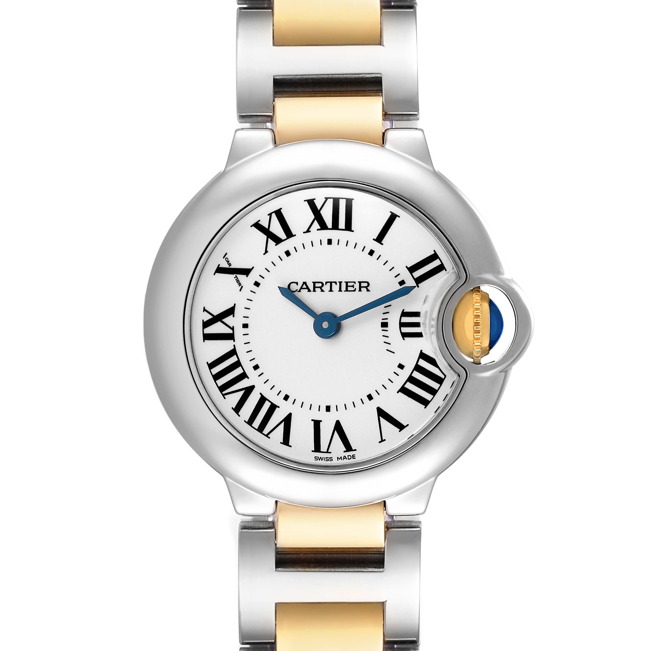 The Cartier Ballon Bleu W69007Z3 Women's Steel and Gold (two tone) Silver Dial watch is shown from a top-down angle, highlighting the face, Roman numerals, and metal bracelet.