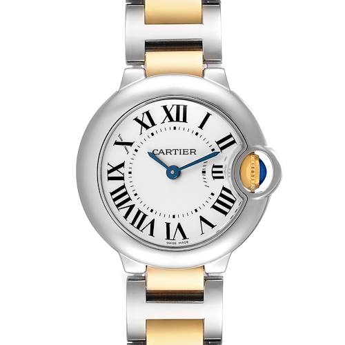 The Cartier Ballon Bleu W69007Z3 Women's Steel and Gold (two tone) Silver Dial watch is shown from a front angle, displaying its round face, Roman numerals, and two-tone bracelet.