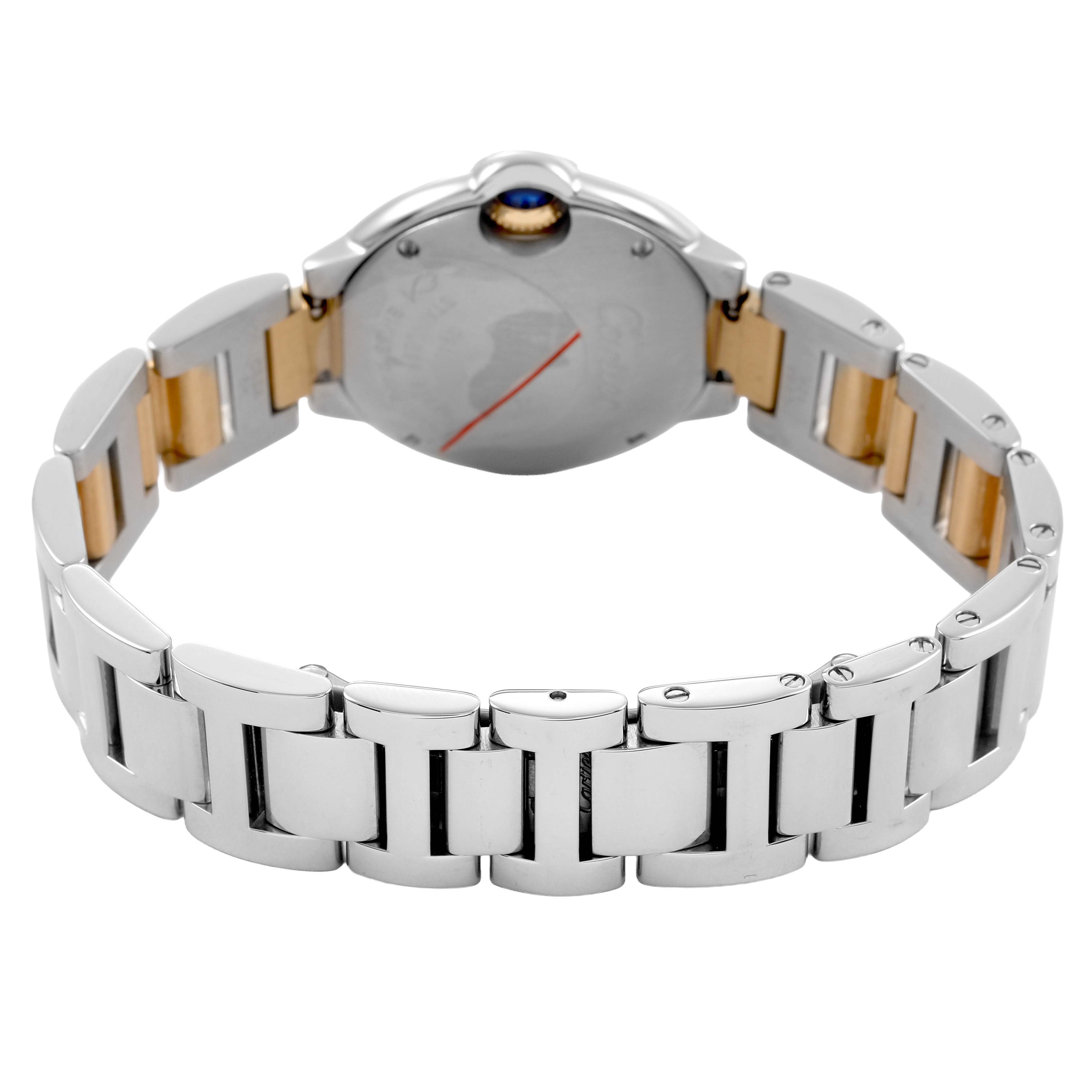 The Cartier Ballon Bleu W69007Z3 Women's Steel and Gold (two tone) Silver Dial watch is shown from the back, highlighting its bracelet and clasp.