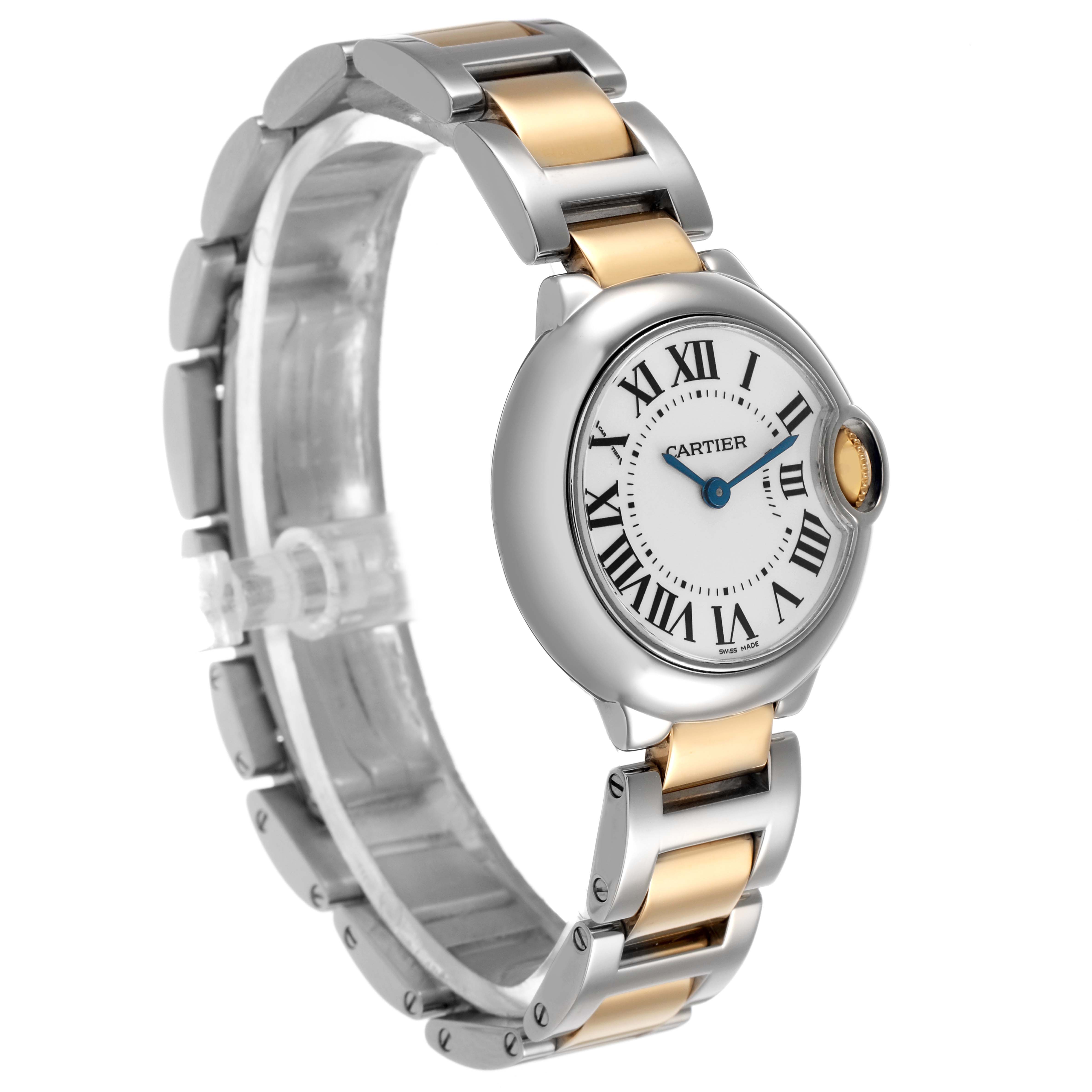 The Cartier Ballon Bleu W69007Z3 Women's Steel and Gold (two tone) Silver Dial watch is shown at a three-quarter angle, highlighting the face, crown, and metal bracelet.
