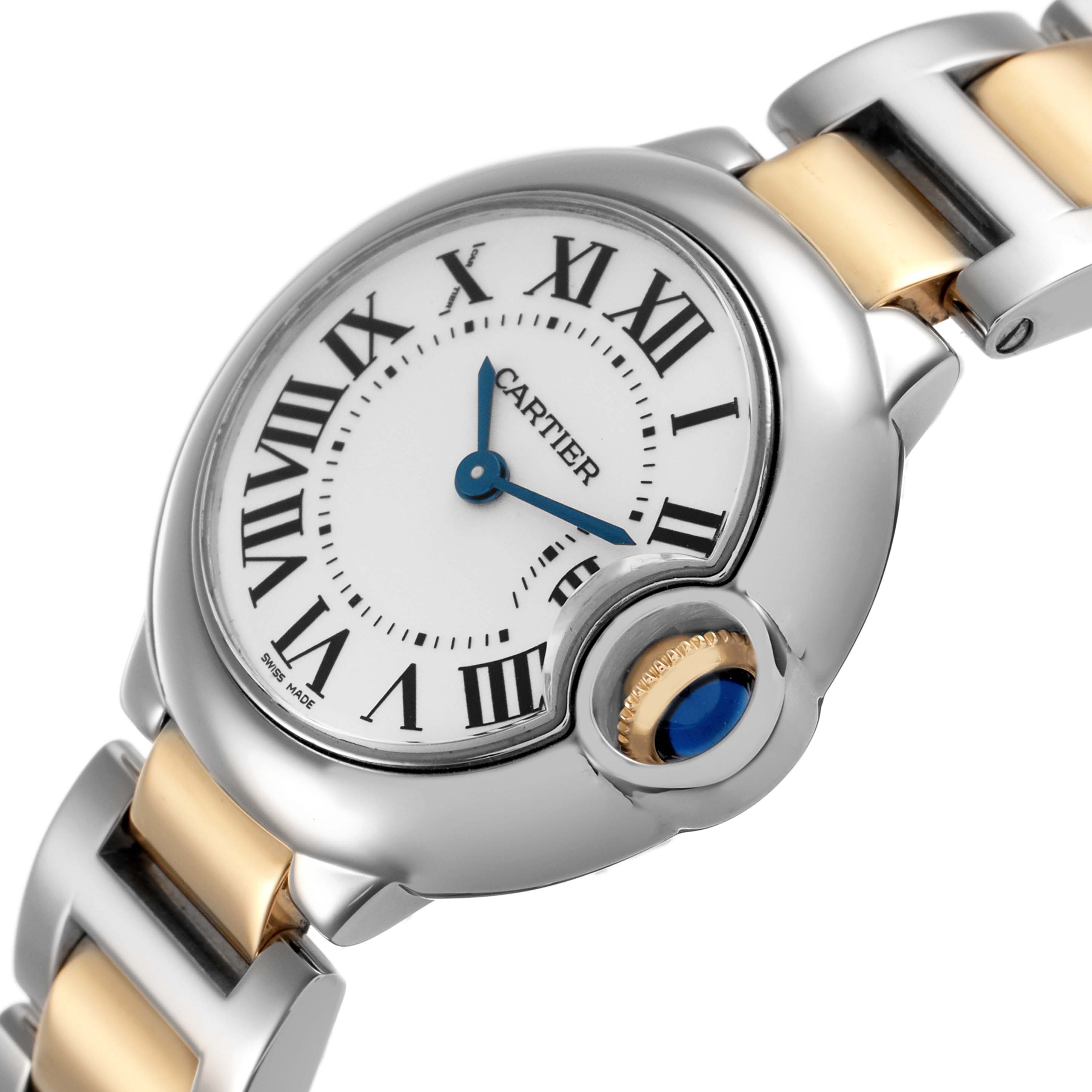The Cartier Ballon Bleu W69007Z3 Women's Steel and Gold (two tone) Silver Dial watch is shown at an angle highlighting the face, Roman numerals, crown, and part of the bracelet.