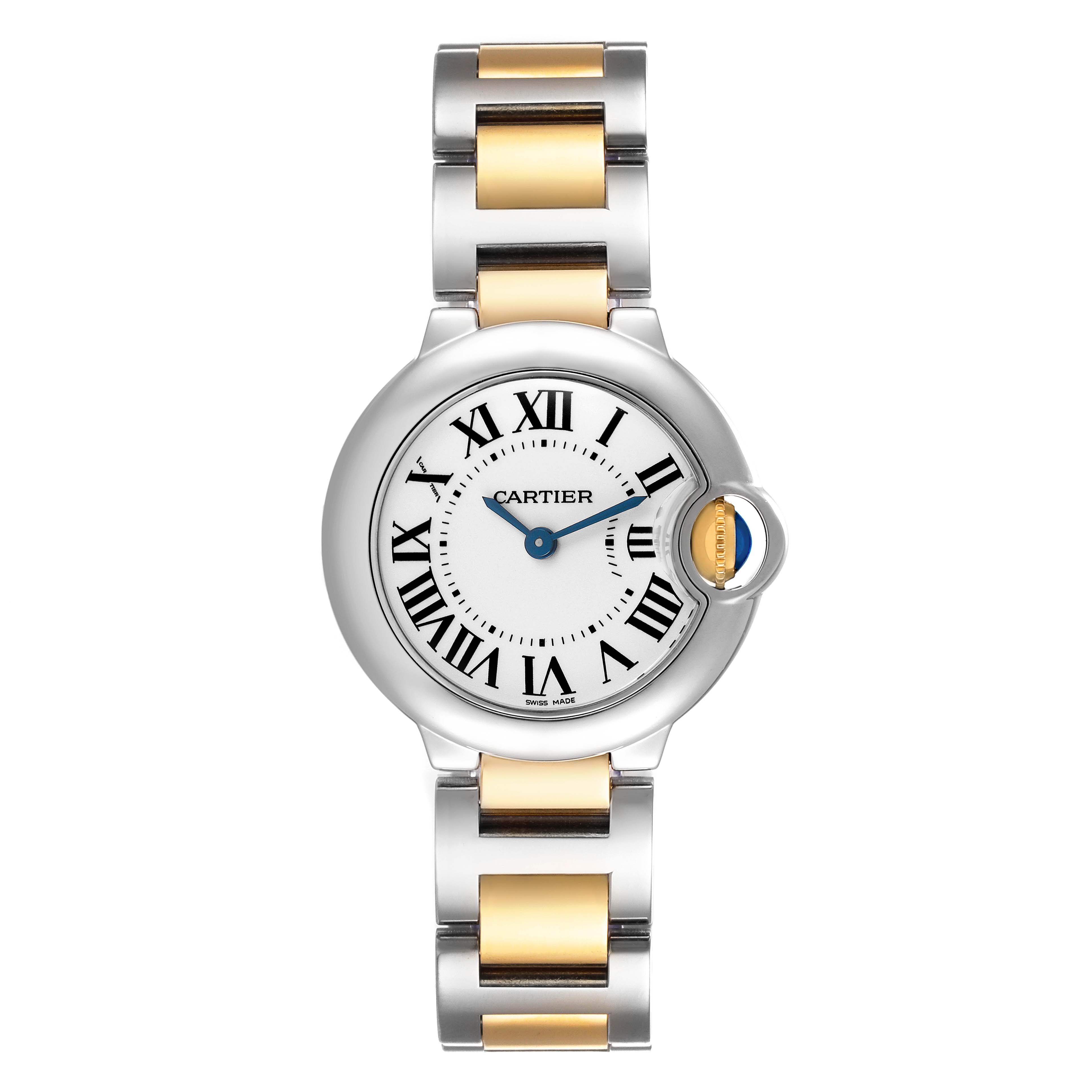 The Cartier Ballon Bleu W69007Z3 Women's Steel and Gold (two tone) Silver Dial watch is shown from a front angle, highlighting the round face, Roman numerals, and two-tone bracelet.