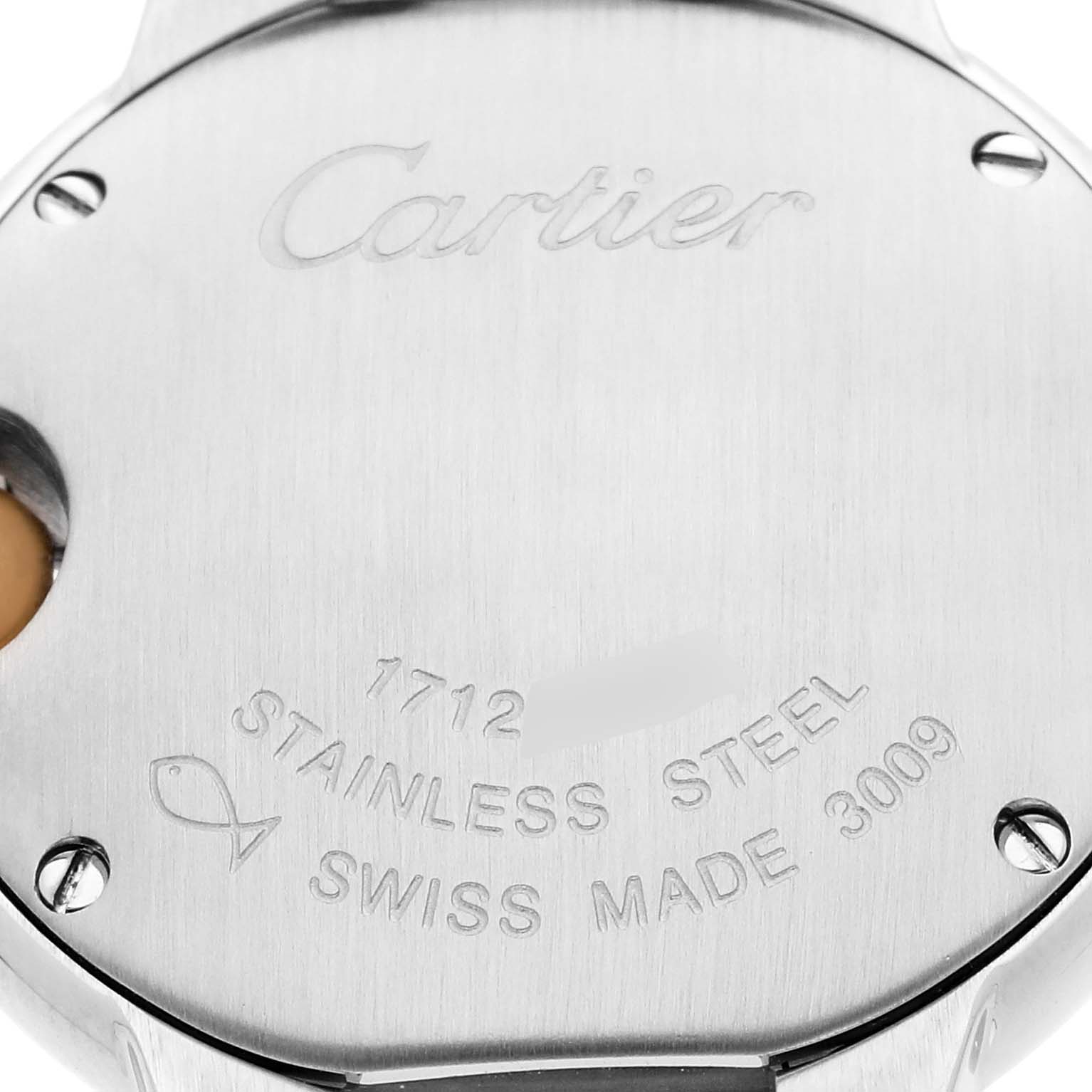 The image shows the back case of a Cartier Ballon Bleu W69007Z3 Women
s Steel and Gold (two tone) Silver Dial W69007Z3 Women
s Steel and Gold (two tone) Silver Dial watch, highlighting engravings and screws.