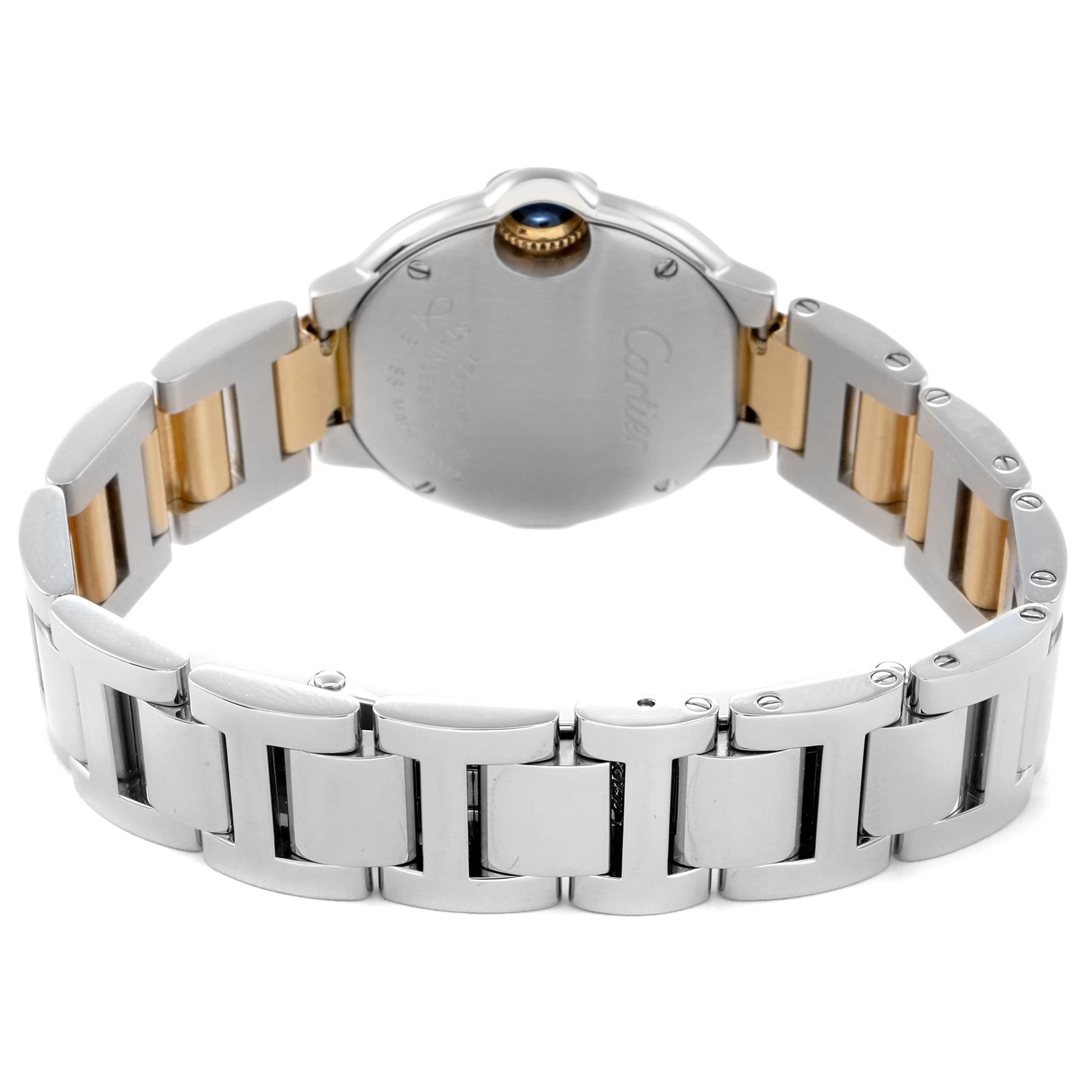 The image shows the back of the Cartier Ballon Bleu W69007Z3 Women
s Steel and Gold (two tone) Silver Dial W69007Z3 Women
s Steel and Gold (two tone) Silver Dial watch, highlighting its bracelet and case with a visible crown.