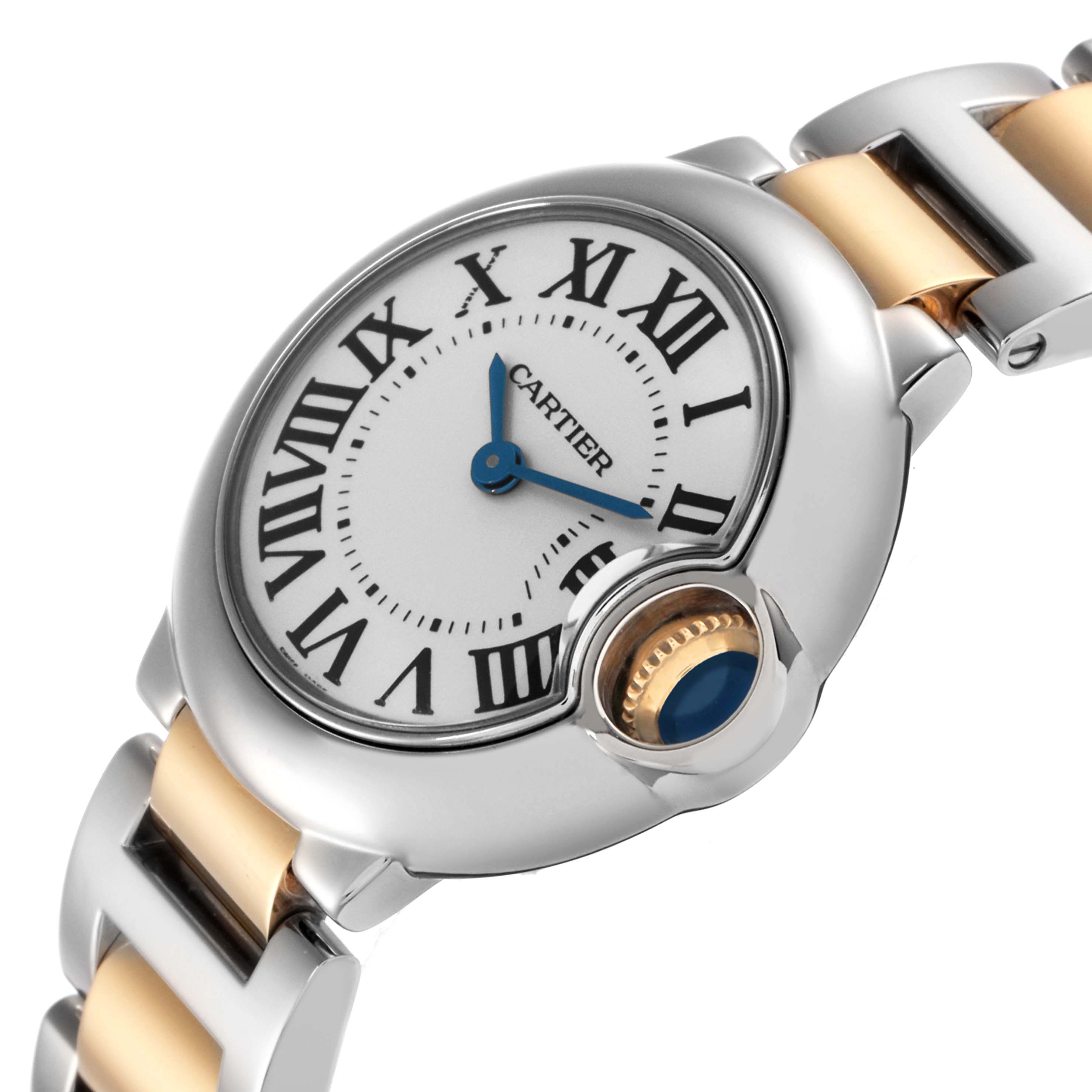 The image shows a close-up angle of the Cartier Ballon Bleu W69007Z3 Women
s Steel and Gold (two tone) Silver Dial W69007Z3 Women
s Steel and Gold (two tone) Silver Dial watch, highlighting the face, crown, and part of the bracelet.
